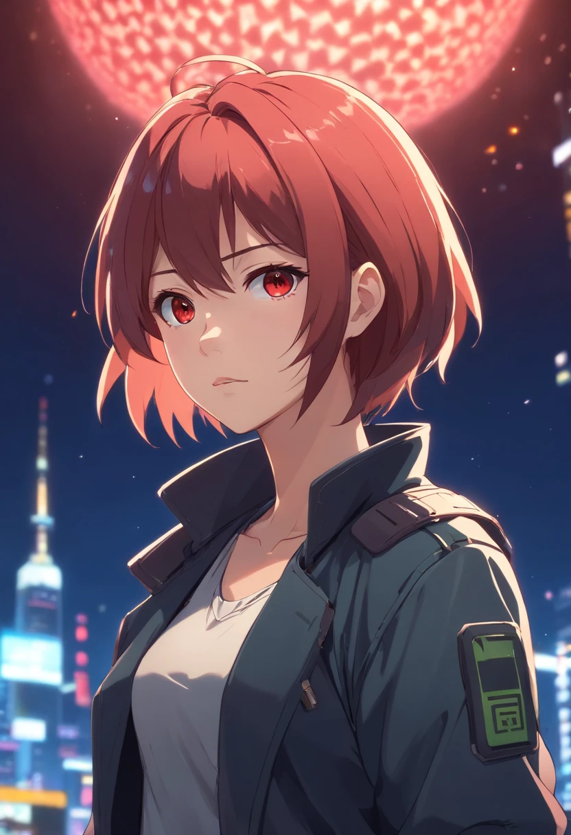 1woman, short red hair, red eyes, serious expression, tomboy, big breasts, athletic, wearing black sci fi coat, tank top, isolated on completely pitch black background, absurdres, high res, ultrasharp, 8K, masterpiece, looking at viewer, HDR, sci-fi, professional, vivid colors, sharp focus, studio lighting, absurdres, bokeh, static
