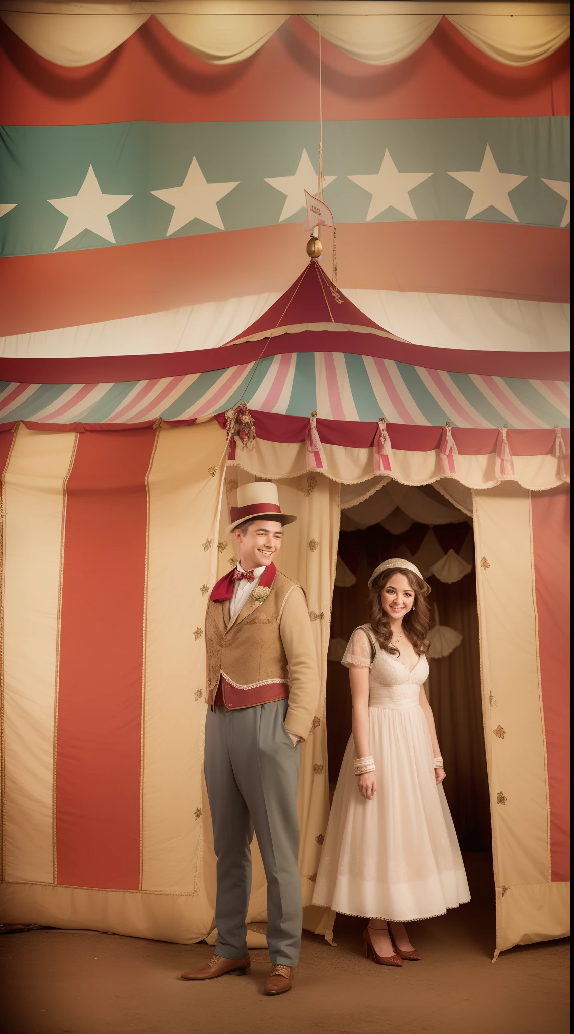 Behind them, create a faded backdrop of a circus tent, subtly indicating Mary Ann's transformation from a contestant to a circus performer. The tent's faded, vintage appearance should evoke a sense of nostalgia.
