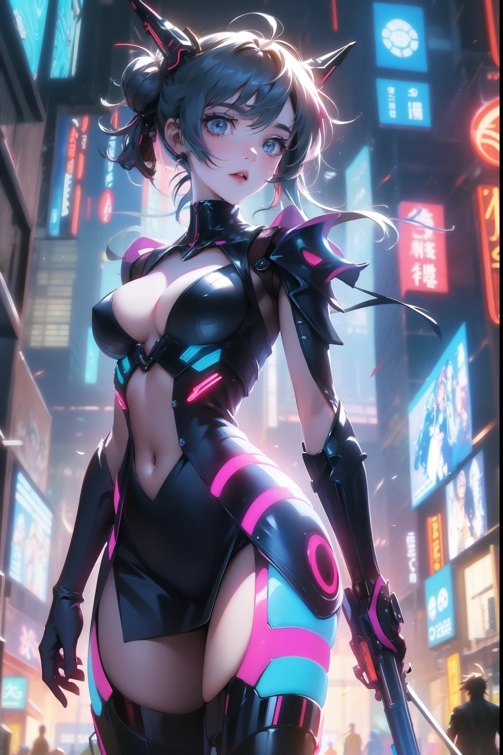 unreal-engine:1.4,hyper HD,Best quality:1.4, Fotorrealista:1.4, skin texture:1.4, tmasterpiece:1.8,Futuristic costume for anime girl posing in city at night, Cyberpunk anime mecha girl, digital art cyberpunk anime, Lingerie anime cyberpunk art, cyberpunk anime girl, female cyberpunk anime girl, Linda Chika Robot, best anime 4k Konachang wallpapers, an oppai cyberpunk, digitl cyberpunk - anime art, cyberpunk anime art, girl in mecha cyber armor, Perfect cyborg anime woman,Beautiful thin hands,