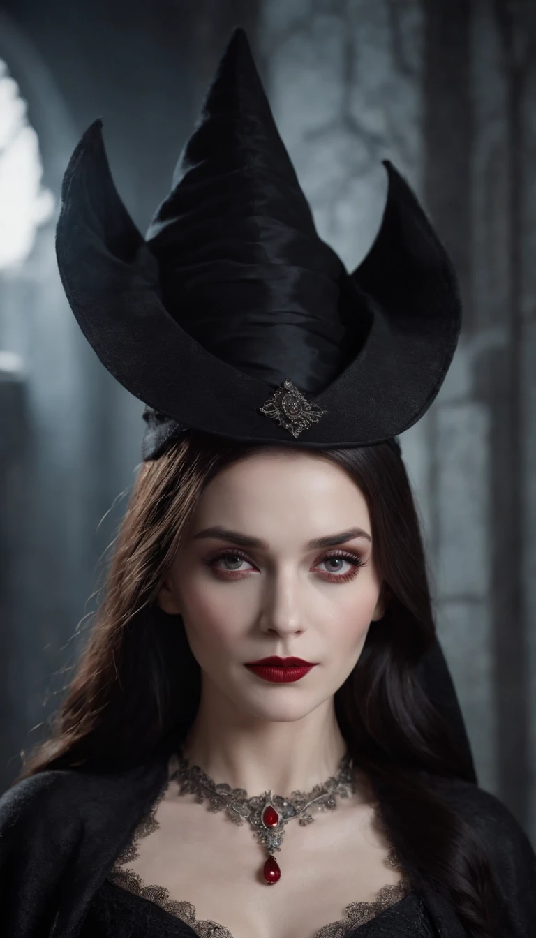 (8k, Best Quality, Masterpiece: 1.2), ((Pointed Hat)), (Witch Hat) Photorealism, Photorealism: 1.37), Super Detailed, Movie, Fantasy World, Gothic Costume, Candlelight, Eyes, ( (black robe)), lace, (straight hair) (long black hair), gemstone necklace, devil mark, ((red lips)), detailed patterns, dark makeup, wearing a black cloak, mysterious, (pale skin :1.2), Dark Studio, Edge Lighting, Dim Lighting, Low Key, Red Lips, Vampire