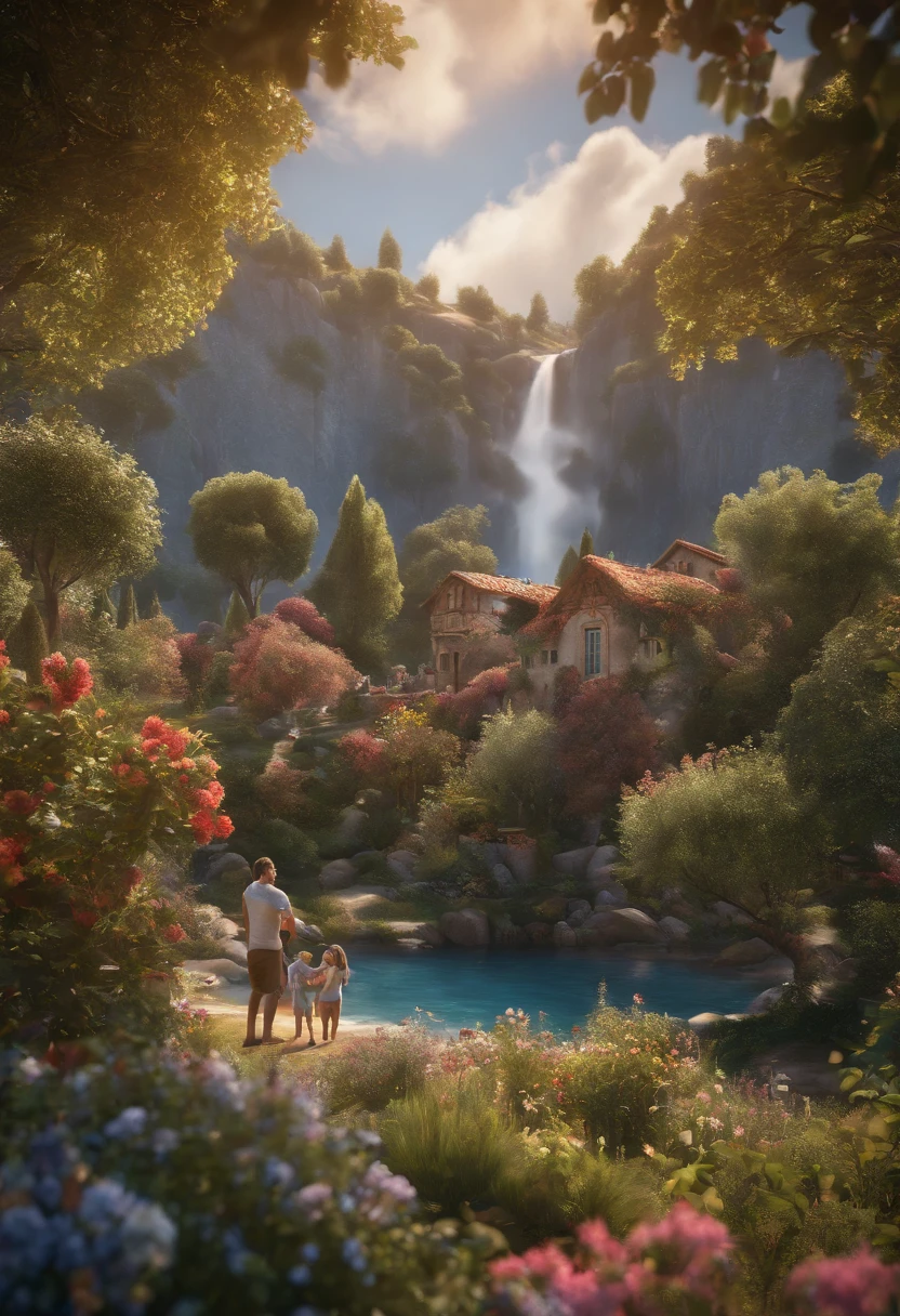FAMILY ON VACATION, CHILDREN PLAYING AROUND, FAMILY, LOVE, FLOWERS, NATURE, TREES, 8K, detailed matte painting, deep color, fantastical, intricate detail, splash screen, complementary colors, fantasy concept art, 8k resolution trending on Artstation Unreal Engine 5", 8K, CAUCASIAN, BLUE EYES, Italy