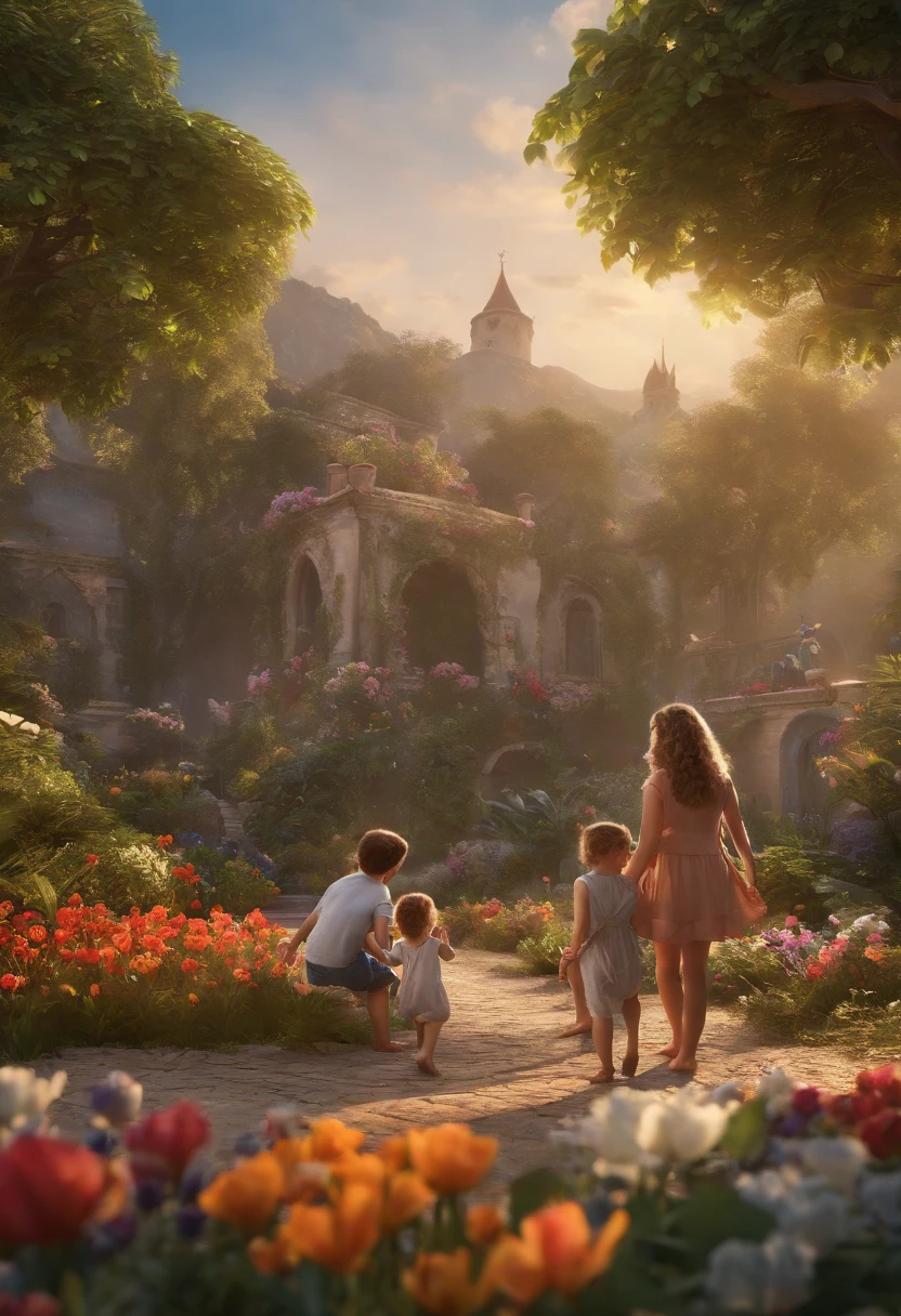 FAMILY ON VACATION, CHILDREN PLAYING AROUND, FAMILY, LOVE, FLOWERS, NATURE, TREES, 8K, detailed matte painting, deep color, fantastical, intricate detail, splash screen, complementary colors, fantasy concept art, 8k resolution trending on Artstation Unreal Engine 5", 8K, CAUCASIAN, BLUE EYES, Italy