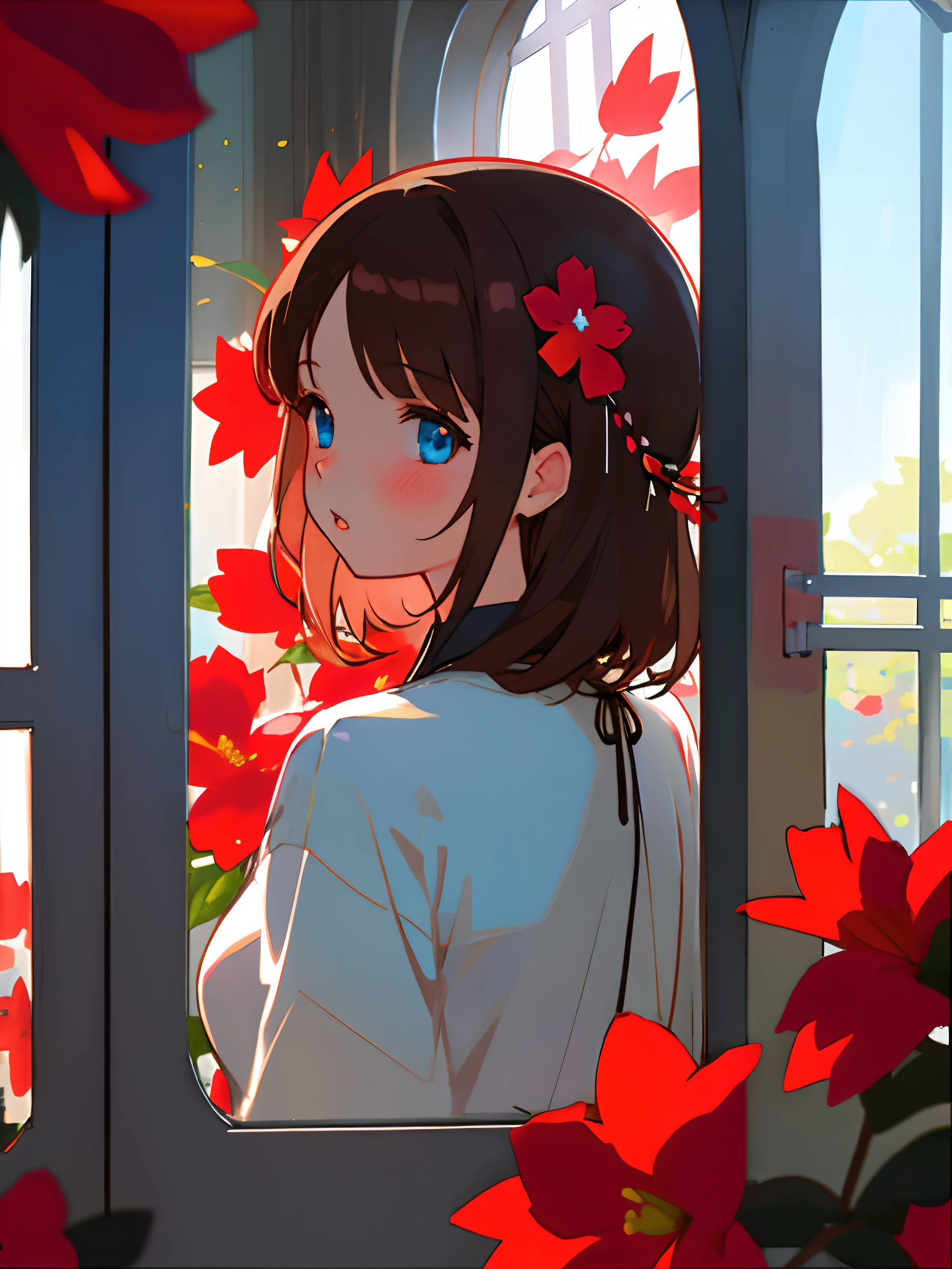 1girl in、Solo、　Rear view、by the window　blue eyess、brown
hair、cparted lips、window、florals、bangss、red
flower、The upper part of the body、hair adornments、Blurring、