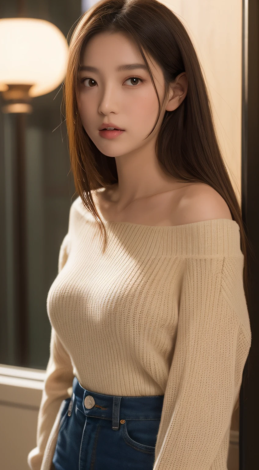 (RAW photo, Best quality), (Realistic, photo-realistic:1.2),High quality, (highdetailskin:1.4), 1girll,fall asleep on the table,Sweaters,huge tit