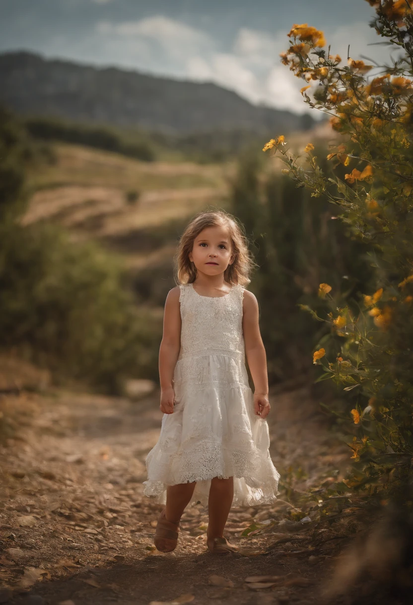 In the middle of the Amazon jungle, uma menina, 10 anos, Beautiful, brasileiro, Branco, sujo, indefeso, soio, vestido branco sujo e usado, in the background a forest fire, Serious expression, fotografia hiper-realista, High level of detail and resolution