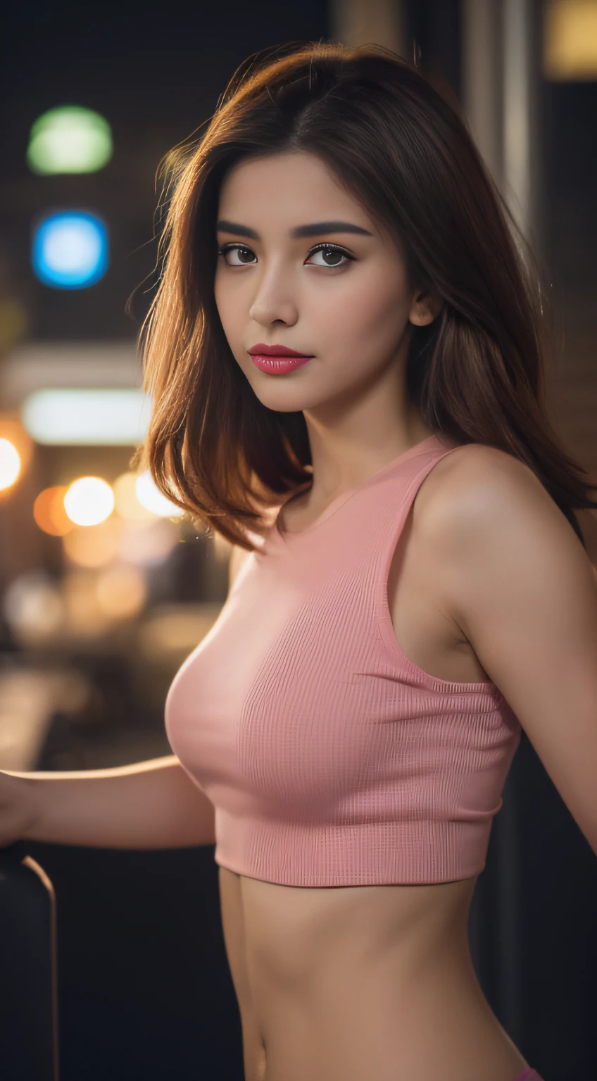 ((Realistic lighting, Best quality, 8K, Masterpiece: 1.3)), Clear focus: 1.2, 1girl, Perfect Figure: 1.4, Slim Abs: 1.1, ((Dark brown hair)), (pink crop top: 1.4), (Cafe, Night: 1.1), City streets, Super fine face, Fine eyes, Double eyelids,