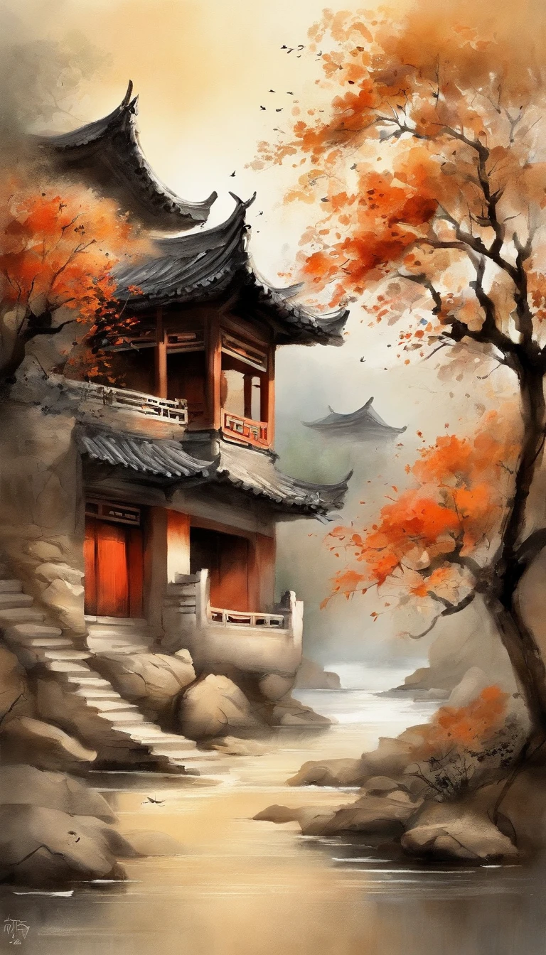 Quaint Han Dynasty village,There is a river at the entrance of the village,small bridges,Stone-paved paths,A white horse grazes by the river,the trees,florals,falling leaf,The bird,Autumn view,the setting sun,The afterglow of the distant sky,evening light,(Chinese landscape painting),(ink and watercolor painting),(8k wallpaper),(light and shadow effect),rendering by octane,White balance design,Extremely detailed picture depiction,wide angles,depth of fields,tmasterpiece,realisticlying,Beautifully depicted,A detailed,acurate,Works of masters,tmasterpiece