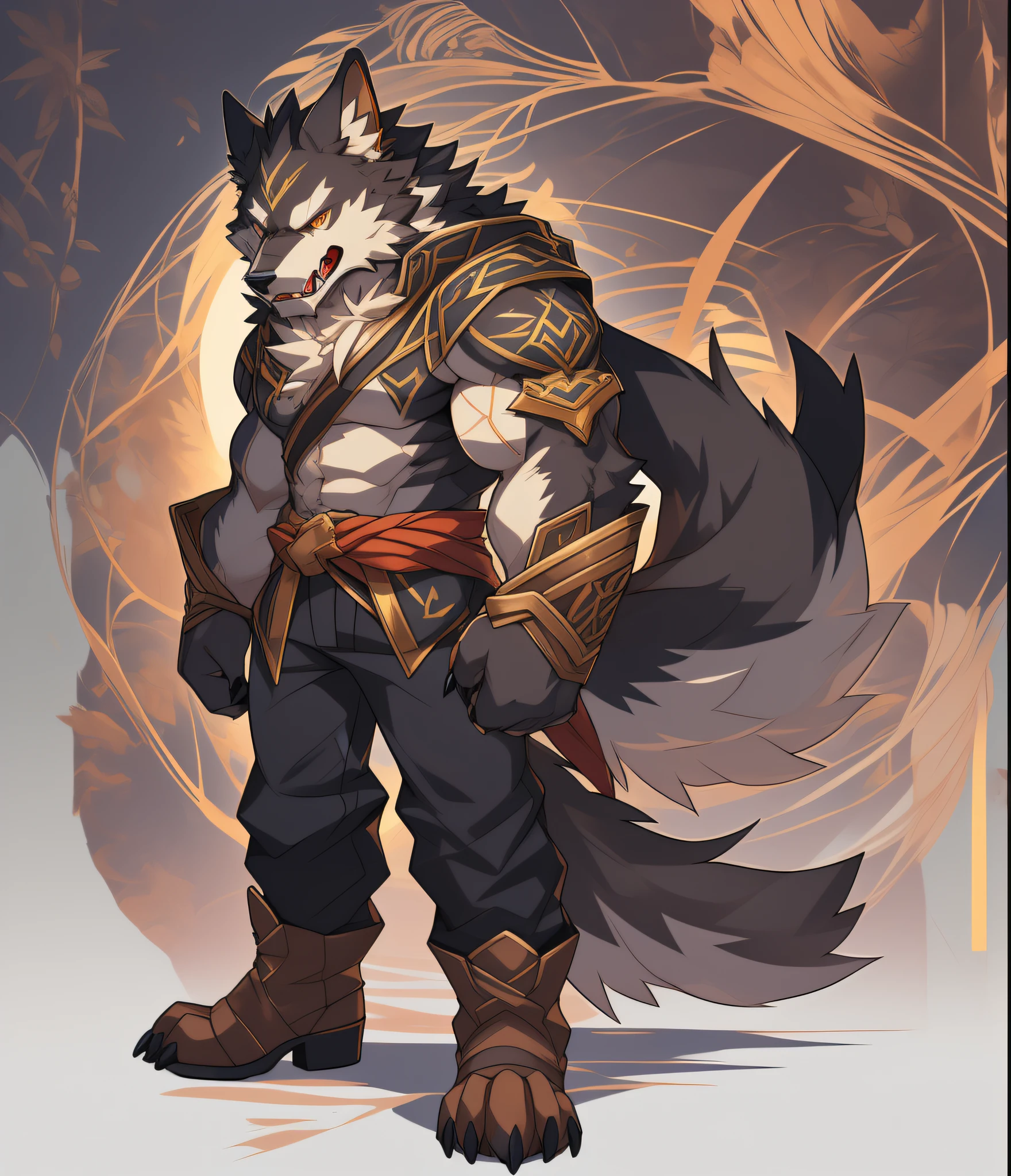Furry muscular werewolf male wearing only pants, furry art, muscular werewolf, High Resolution Committee, Full body committee, delicate eyes, pupil color is orange-gold, furry color black, furry anime, Fursona furry art committee, Furry Flsona, Gorgeous werewolf Flsona, Hairy chest, crossed waist with one hand, brown boots on his feet, showing his toes and showing his heels, Furry art, Expression fierce, tsundere, 1boy, a long furry wolf tail with fangs in the mouth, Gaze at the screen, sharp claws, two legs, standing on both feet, human wolf, as a character in Iron Fist, Flsona art, background, forest path