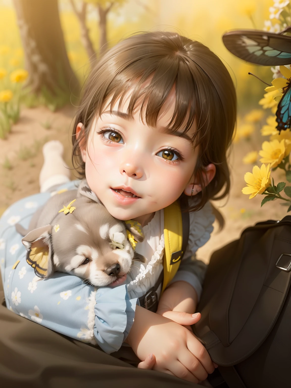 A charming  girl with a backpack is enjoying a cute spring outing surrounded by beautiful yellow flowers and nature with her cute puppy. The illustration is a high-definition illustration in 4k resolution with highly detailed facial features and cartoon-style visuals, (Butterfly Dance)