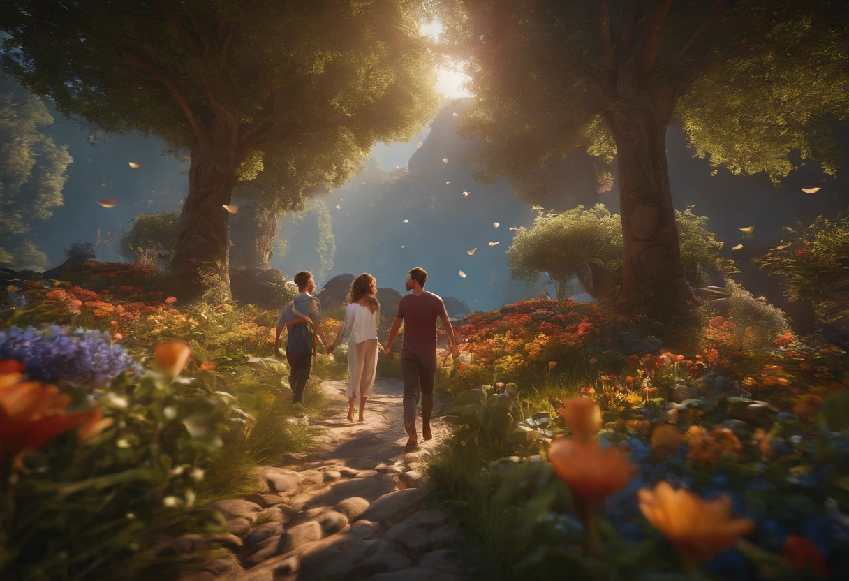 FAMILY ON VACATION, CHILDREN PLAYING AROUND, FAMILY, LOVE, FLOWERS, NATURE, TREES, 8K, detailed matte painting, deep color, fantastical, intricate detail, splash screen, complementary colors, fantasy concept art, 8k resolution trending on Artstation Unreal Engine 5", 8K, CAUCASIAN, BLUE EYES, Italy