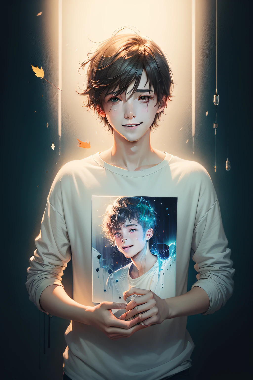 a happy young man, by agnes cecile, luminous design, pastel colours, ink drips, autumn lights