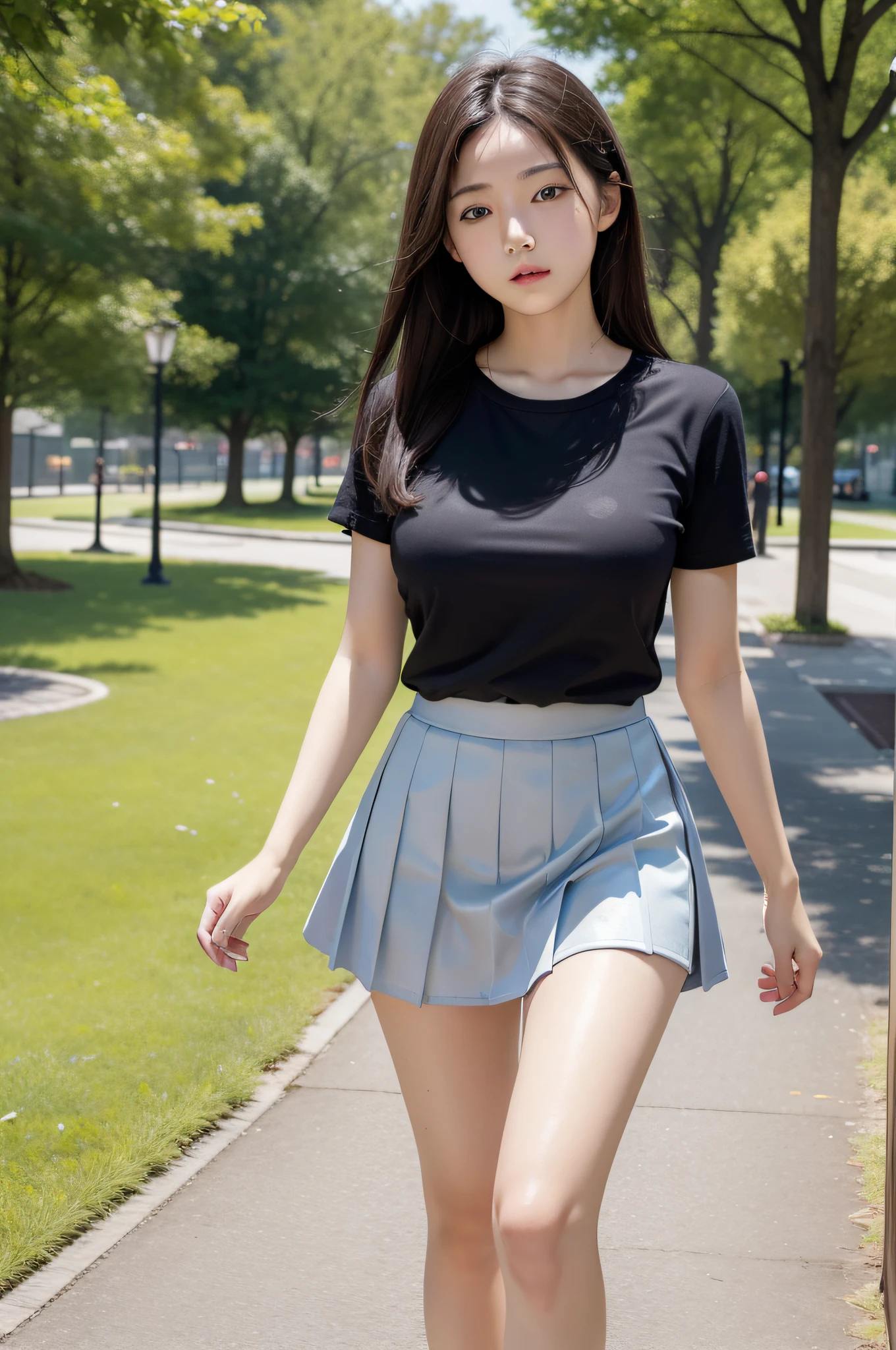Realism, masterpiece, best quality, high quality, 8k, UHD, high details, super detail, textured skin, anatomically correct, medium breast, japanese girl, ars old, walk in the park, mini skirt,
