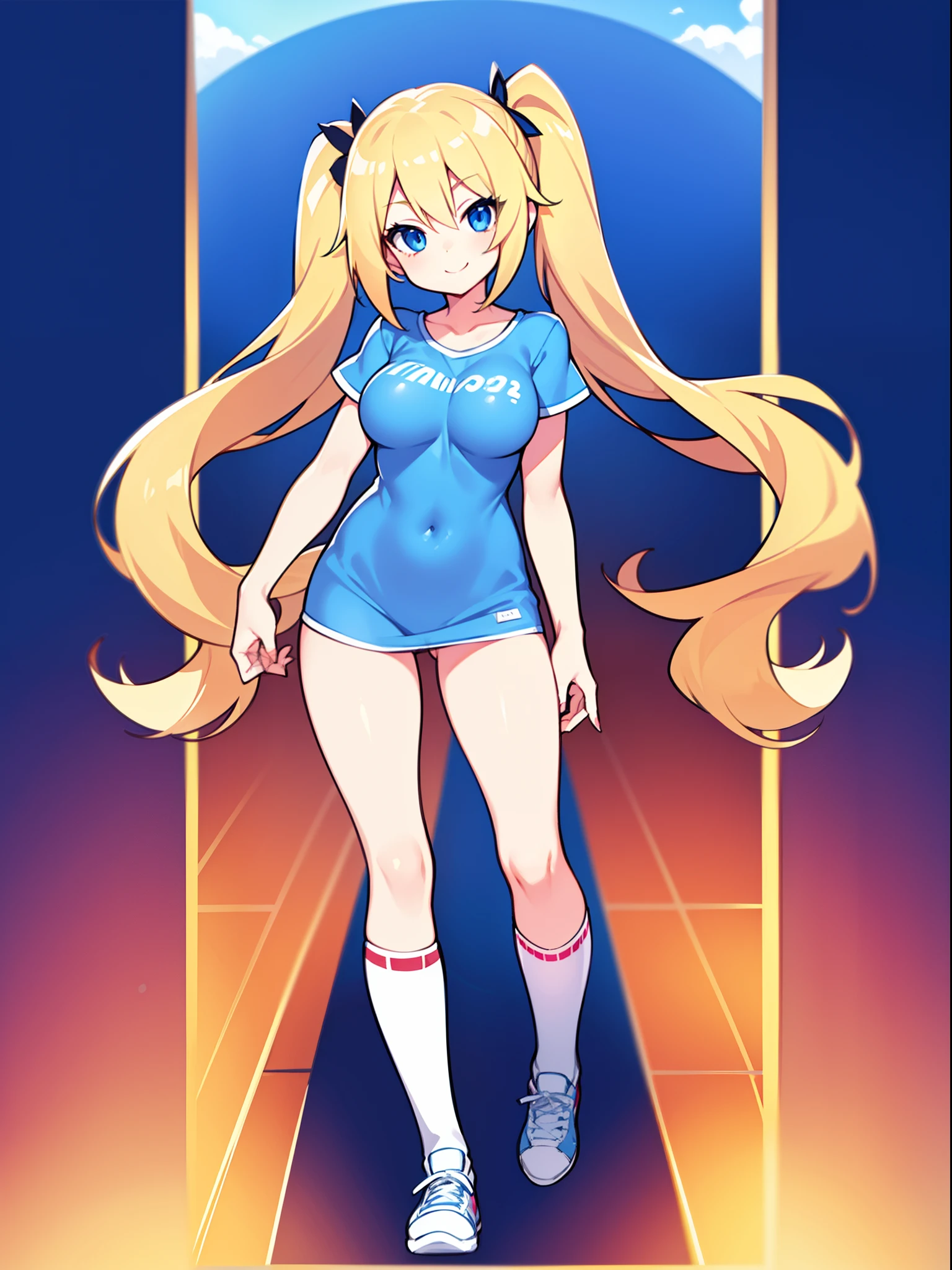 Anime girl with long blonde hair and sky blue top, blonde anime girl with long hair, Lush Twintails, Long Hair Anime Girl, anime moe artstyle, oc commission, twintails, small curvy (Large elastic natural breasts), (anime girl), ecchi anime style (21+), digital art on pixiv, high quality anime artstyle, very extremely beautiful, Energetic, cheerful, Slender, showy, Sexy, big blue eyes, long eyelashes, An open look, Cute long-legged blonde 17 yde joyful smile; Large elastic natural breasts; The Hidden Exhibitionist, Always without underwear(Without bra, no panty); An open look, A big smile; sky blue t-shirt, in depraved ultra-short shorts without panties, in long socks and white sneakers, full-length photo, Anatomically realistic, As much detail as possible, high quality textures