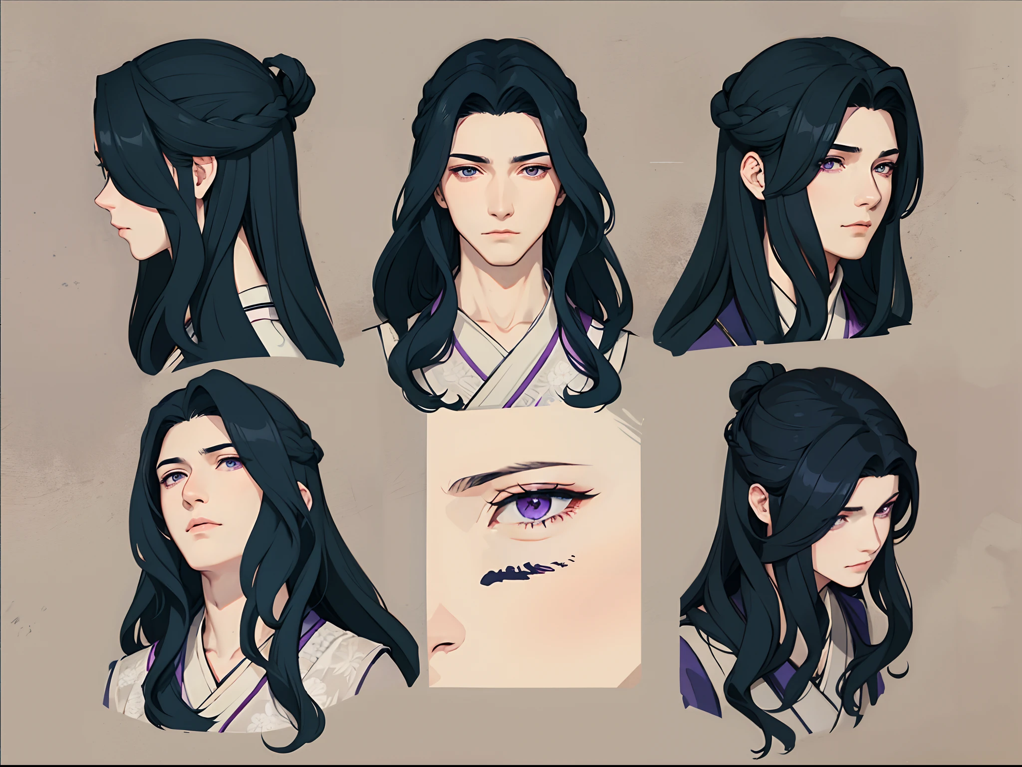 male, eyes close up, purple eyes, young man, eyes open and close, character sheet, same face, same character, same hairstyle,same clothes, male hanfu, intelligent man, neutral expression, different angle faces, purple clothes, cinematic lighting