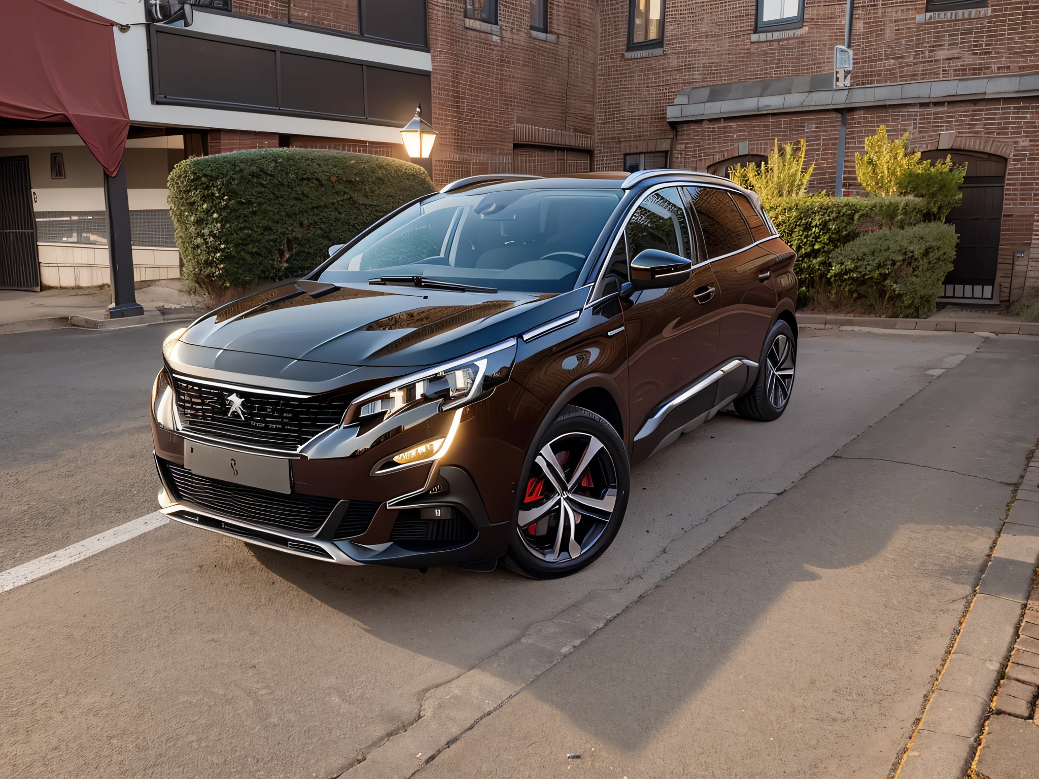 Red brick warehouse in the background,The car is Peugeot,5008,Black,masutepiece,high-detail,perfect-composition,the golden ratio,8K
