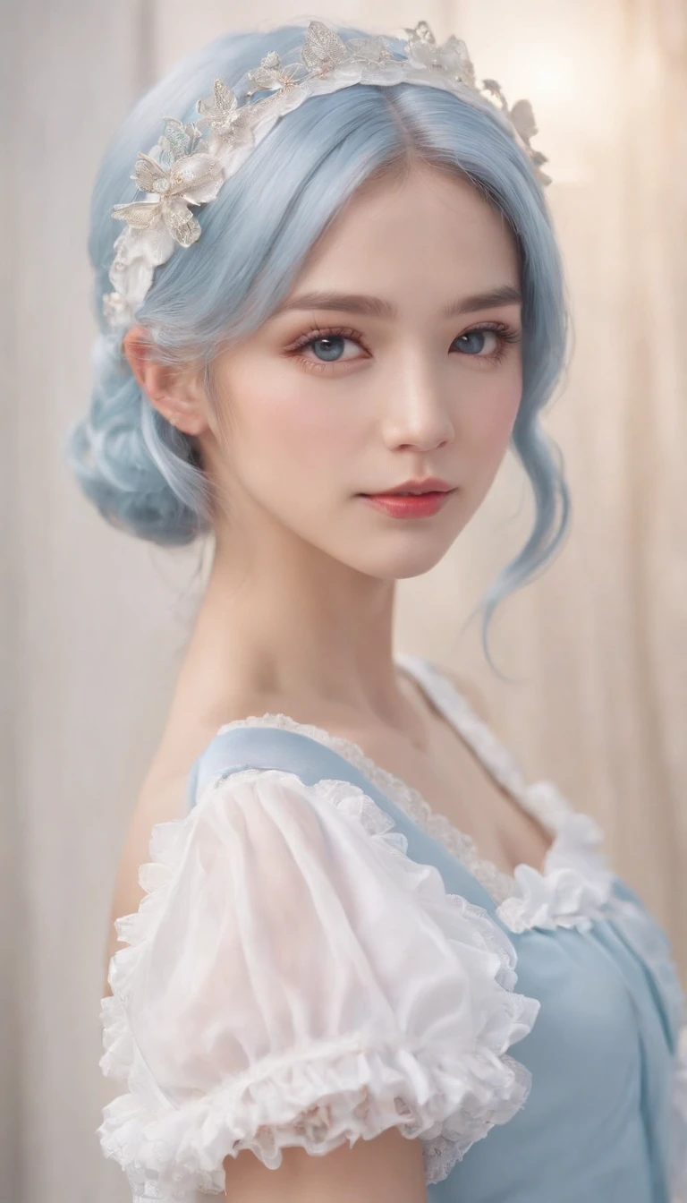 (film photo:1.3) af (Realistic:1.3),(Cosy:1.3), 20 year old, (Highly detailed skin texture:1.3),(Light blue hair:1.3), (short hair:1.3), (hair on one eye), (Japanese anime maid costume:1.3), (black maid costume:1.3), (white Ruffled trim, neck band, bow trim,separated sleeves), (Characters_Rem from: Zero), blue eyes, hair accessories, pink headband, the most detailed portrait photography in the world, original styles, trends on ArtStation,  (Delicate smooth skin:1.3), extremely delicate and beautiful, (Soft light:1.2), brightened light, Delicate, Intricate, Ultra HD digital photos, Delicate, High contrast, (natural skin texture:1.3), surrealism, soft light, highly detailled texture, Lifelike texture, Digital painting,Highly detailed photo,(art-deco:1.3),(Photorealism:1.3),(Fujifilm Superia:1.3),Naturalistic, Film lighting effect