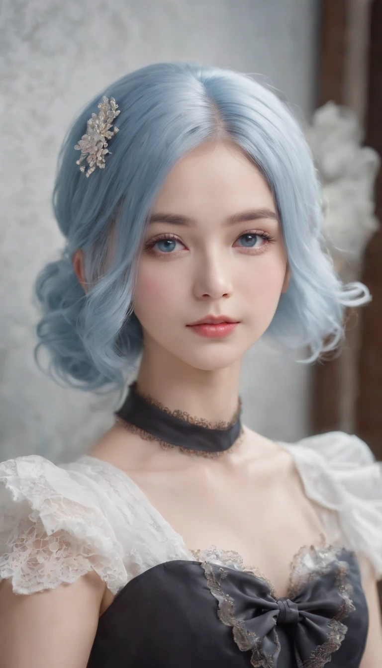(film photo:1.3) af (Realistic:1.3),(Cosy:1.3), 20 year old, (Highly detailed skin texture:1.3),(Light blue hair:1.3), (short hair:1.3), (hair on one eye), (Japanese anime maid costume:1.3), (black maid costume:1.3), (white Ruffled trim, neck band, bow trim,separated sleeves), (Characters_Rem from: Zero), blue eyes, hair accessories, pink headband, the most detailed portrait photography in the world, original styles, trends on ArtStation,  (Delicate smooth skin:1.3), extremely delicate and beautiful, (Soft light:1.2), brightened light, Delicate, Intricate, Ultra HD digital photos, Delicate, High contrast, (natural skin texture:1.3), surrealism, soft light, highly detailled texture, Lifelike texture, Digital painting,Highly detailed photo,(art-deco:1.3),(Photorealism:1.3),(Fujifilm Superia:1.3),Naturalistic, Film lighting effect