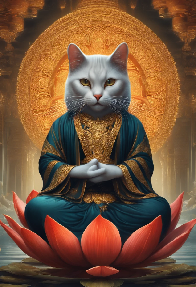 (god of cats),There is a cat sitting in a lotus-like posture, vajra,Big buddha、4K highly detailed digital art, 4k detailed digital art, Alex Greycat, beautiful art uhd 4 k, cat detailed, by Yang J, jen bartel, dan mcpharlin : : ornate, symmetrical spectacular fantasy art, cute detailed digital art