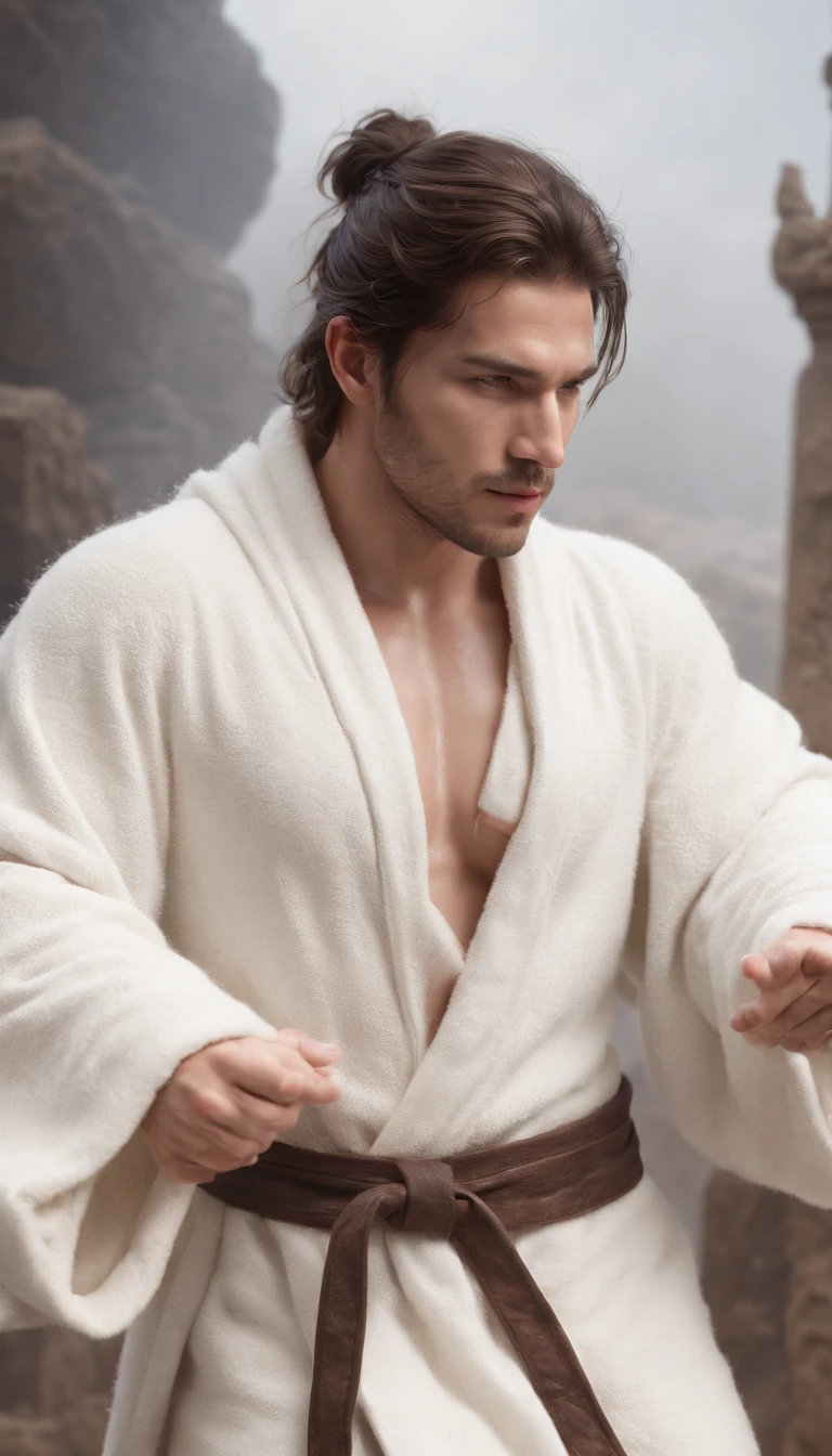 (Professional 3D Rendering:1.3) De (Realistic:1.3) The most beautiful art photos in the world,Soft features, Bright male hero, ((Magnificent male Israeli hero fantasy rough muscle man wet hero angry long hair short beard and dynamic pose fierce look, skin tanned, fantastic location, majestic cluttered environment)), Full-body 8K unit rendering, action SHOT, Skin pores, Very dark lighting, Dark shading, detailliert, 详细的脸, (vibrating, photos realistic, Realistic, Dramatic, murky, foco nítido, 8K), brown hood, Chest hair, (White woolen robe damaged in dessert:1.4), ((((Use skins)))), (Convoluted:1.4), decadent, (ighly detailed:1.4), digitial painting, rendering by octane, art stations, concept-art, suave, foco nítido, Illustration, Germ from art, (Roisch:0.23), Vlop Ilya Kuvshinov, e Gregg Rutkowski e Alphonse Mucha Gracias, (globalillumination, studio lights, Light Volumetric), very heavy rain, Floating particles, lotr, Fantasia, my, Intellosbians, ((Dark ancient city background:1.3)),CG Series,art stations