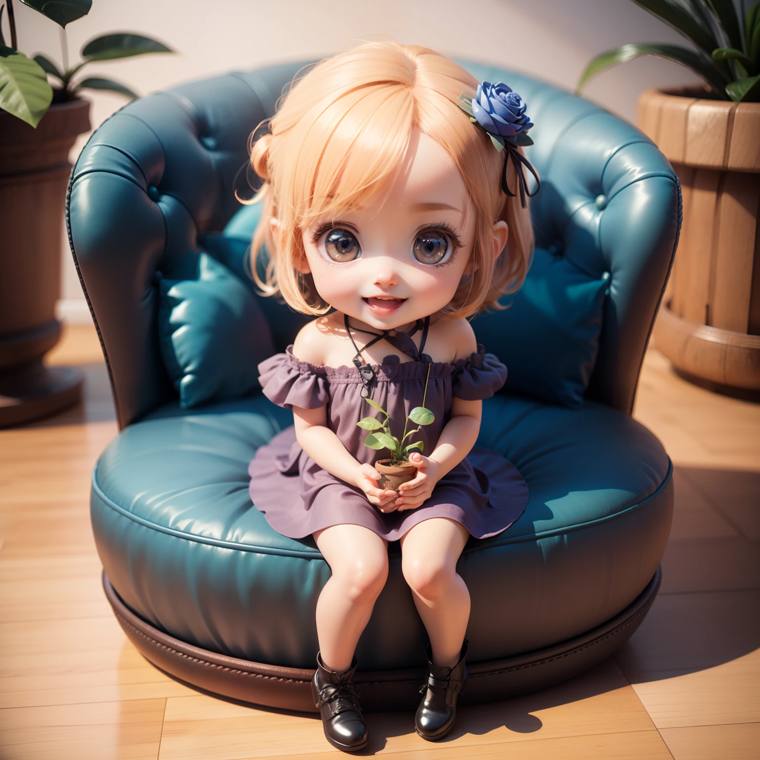 Cute Baby Chibi Anime,(((chibi 3d))) (Best Quality) (Master Price)、Chibi Fairy、Sitting on a blue rose flower、specimen、houseplant、Open your mouth and smile、Jewelry Decoration Costumes、A detailed face