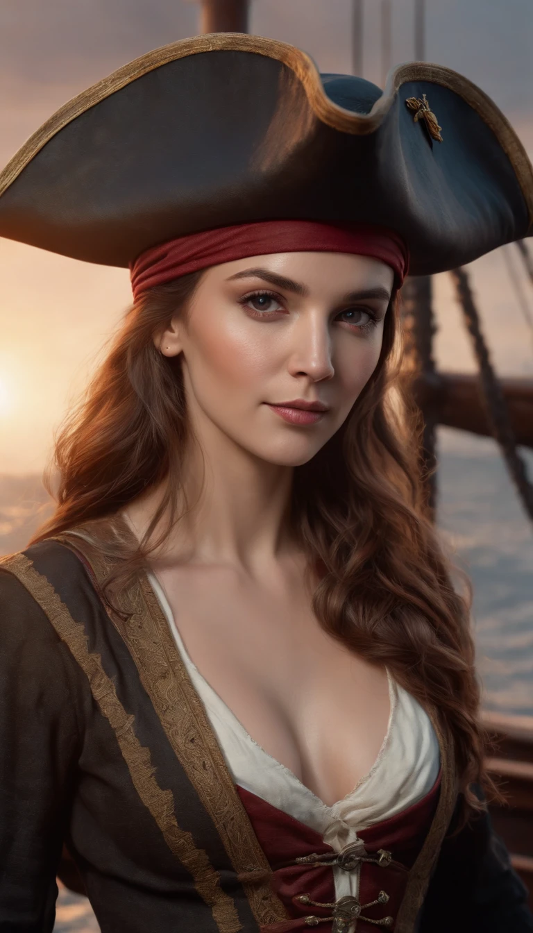 (8k, Best Quality, Masterpiece: 1.2), Photorealism, A realistic female pirate head with hair flying in the wind, Real photo, (((black tricorn hat))), ((skull pirate logo)) , (On a pirate ship: 1.50), eyes, (((night))), dim lights, 18th century clothing, cover, ultra-detailed painting, dim lights, flames of war, detailed patterns, dark makeup, earrings, treasure, driving ship, firelight, complex, cheerful, hearty smile, 8k resolution, gemstone necklace, tattoo, musket, parrot, on a moving ship, mast, fractal isometric detail, realistic face, realistic color scheme, rum wine,parrot,davinci,.12k,complex,movie,real life people,shadow studio,rim light,dim light,low key,cinematic,super detailed,crazy detail,beautiful color grading,unreal engine, DOF, super-resolution, megapixels, cinematic lightning, anti-aliasing, FKAA, TXAA, RTX, SSAO, post-processing