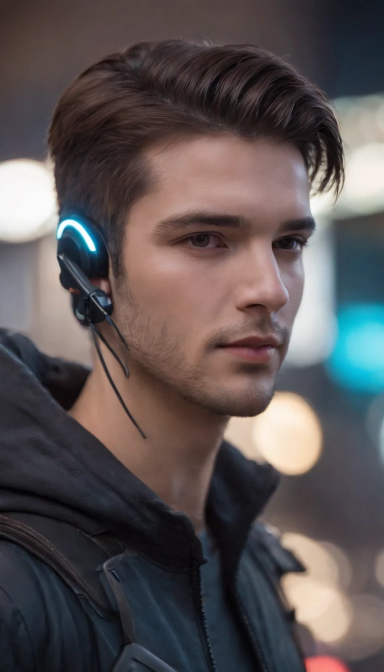 Real photo, reality, photography, super realistic face, Cyberpunk, (1 handsome man :1.3, Cyberpunk cos), short hair, headphones, edge contour painting, facing the viewer, clean skin, (daytime, bright light), bright, character edge light, neon, cable lines, colorful neon, tall buildings, Epic futurism, front lighting, portrait photography, ultra HD digital photos