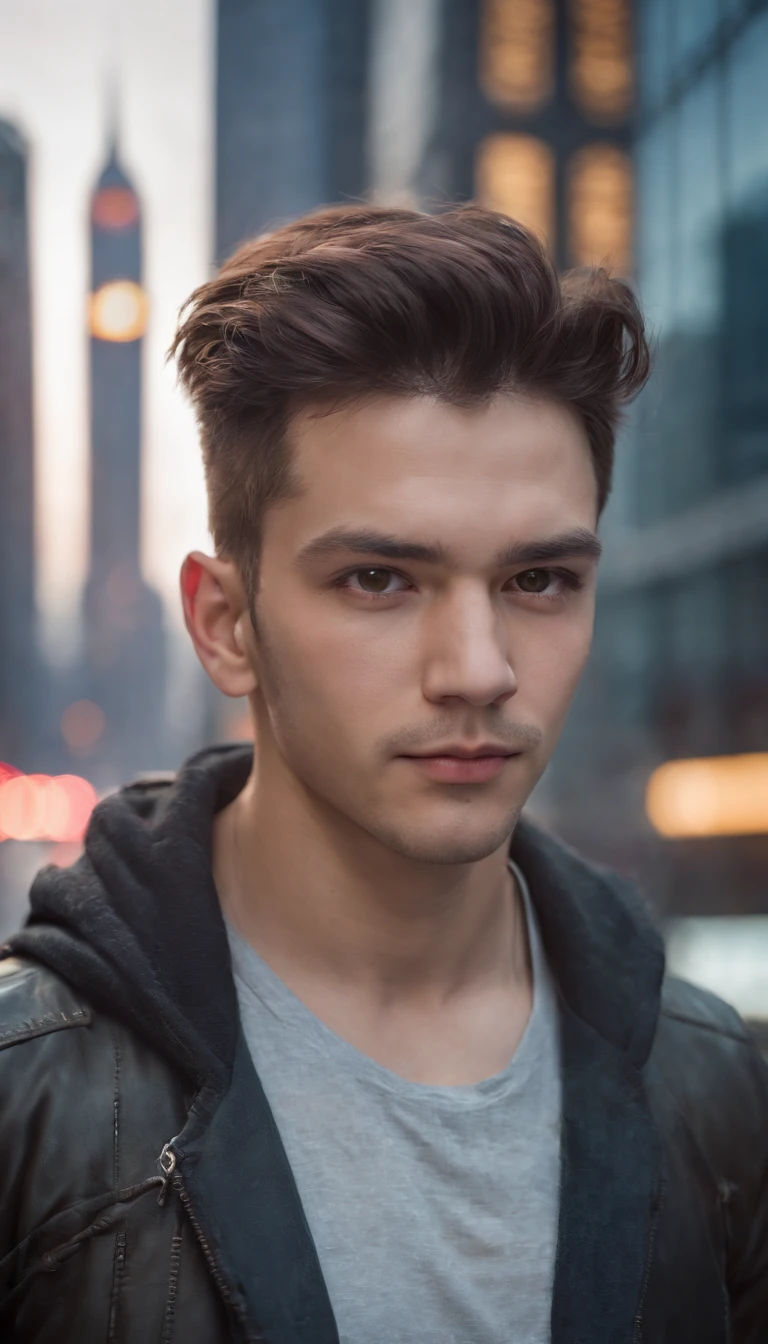 Real photo, reality, photography, super realistic face, Cyberpunk, (1 handsome man :1.3, Cyberpunk cos), short hair, headphones, edge contour painting, facing the viewer, clean skin, (daytime, bright light), bright, character edge light, neon, cable lines, colorful neon, tall buildings, Epic futurism, front lighting, portrait photography, ultra HD digital photos
