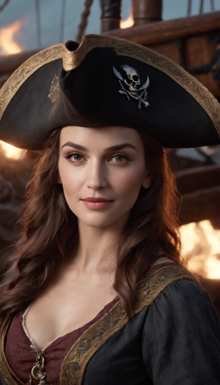 (8k, Best Quality, Masterpiece: 1.2), Photorealism, A realistic female pirate head with hair flying in the wind, Real photo, (((black tricorn hat))), ((skull pirate logo)) , (On a pirate ship: 1.50), eyes, (((night))), dim lights, 18th century clothing, cover, ultra-detailed painting, dim lights, flames of war, detailed patterns, dark makeup, earrings, treasure, driving ship, firelight, complex, cheerful, hearty smile, 8k resolution, gemstone necklace, tattoo, musket, parrot, on a moving ship, mast, fractal isometric detail, realistic face, realistic color scheme, rum wine,parrot,davinci,.12k,complex,movie,real life people,shadow studio,rim light,dim light,low key,cinematic,super detailed,crazy detail,beautiful color grading,unreal engine, DOF, super-resolution, megapixels, cinematic lightning, anti-aliasing, FKAA, TXAA, RTX, SSAO, post-processing