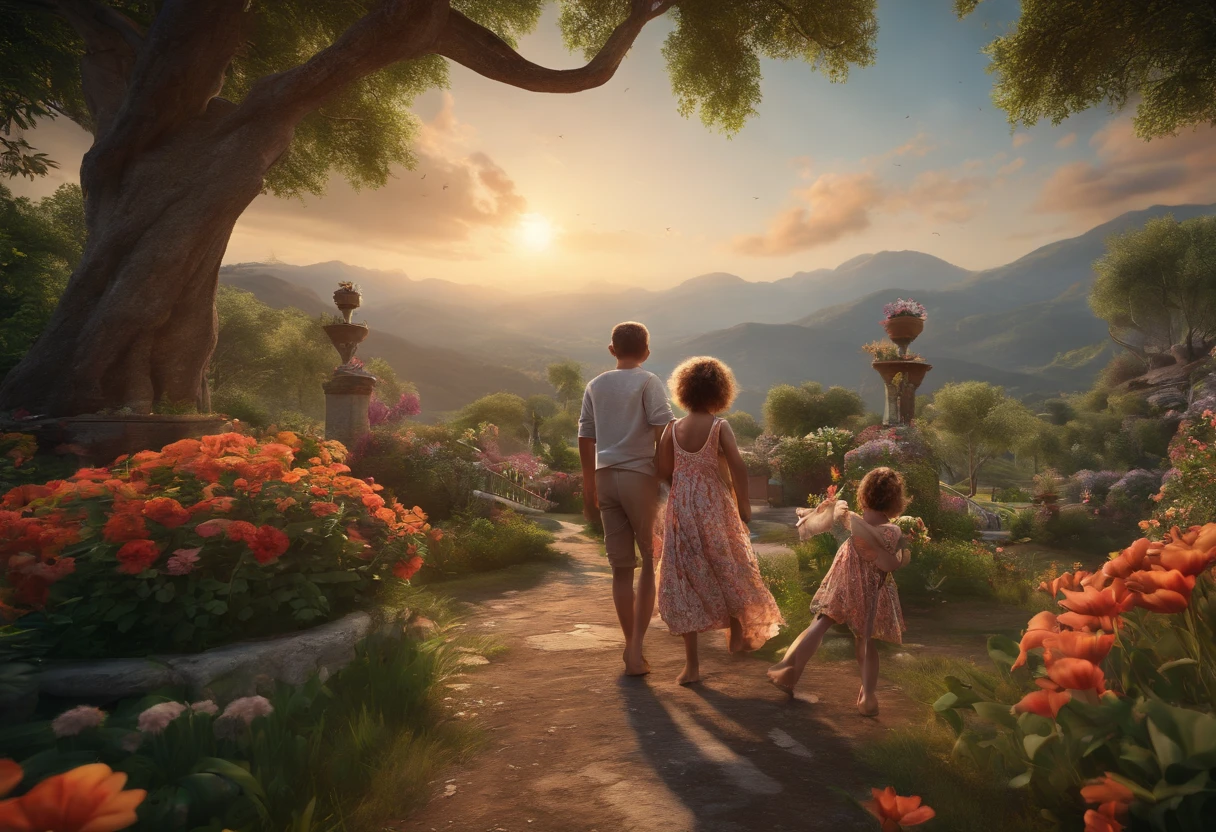FAMILY ON VACATION, CHILDREN PLAYING AROUND, FAMILY, LOVE, FLOWERS, NATURE, TREES, 8K, detailed matte painting, deep color, fantastical, intricate detail, splash screen, complementary colors, fantasy concept art, 8k resolution trending on Artstation Unreal Engine 5", 8K, CAUCASIAN, BLUE EYES, Italy
