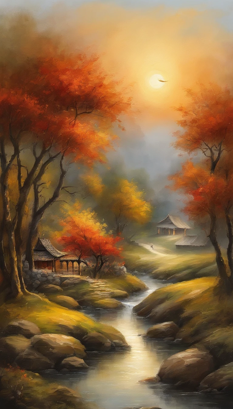 The vista is a quaint Han dynasty village，The middle view is a small river at the entrance of the village，small bridges，Stone-paved paths，（In the middle view, a white horse grazes by the river），the trees，florals，falling leaf，The bird，Autumn view，the setting sun，The afterglow of the distant sky，evening light，（Chinese landscape painting），（ink and watercolor painting），（8k wallpaper），（light and shadow effect），rendering by octane，White balance design，Extremely detailed picture depiction，wide angles，depth of fields，tmasterpiece，realisticlying，Beautifully depicted，A detailed，acurate，Works of masters，tmasterpiece