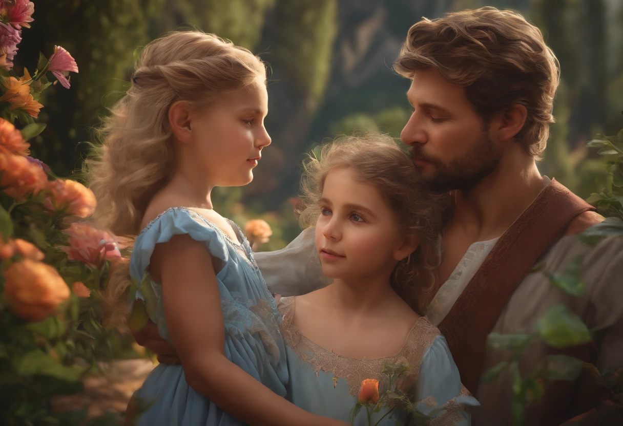 FAMILY ON VACATION, CHILDREN PLAYING AROUND, FAMILY, LOVE, FLOWERS, NATURE, head and shoulders portrait, 8k resolution concept art portrait by Greg Rutkowski, Artgerm, WLOP, Alphonse Mucha dynamic lighting hyperdetailed intricately detailed Splash art trending on Artstation triadic colors Unreal Engine 5 volumetric lighting", K, CAUCASIAN, BLUE EYES, Italy