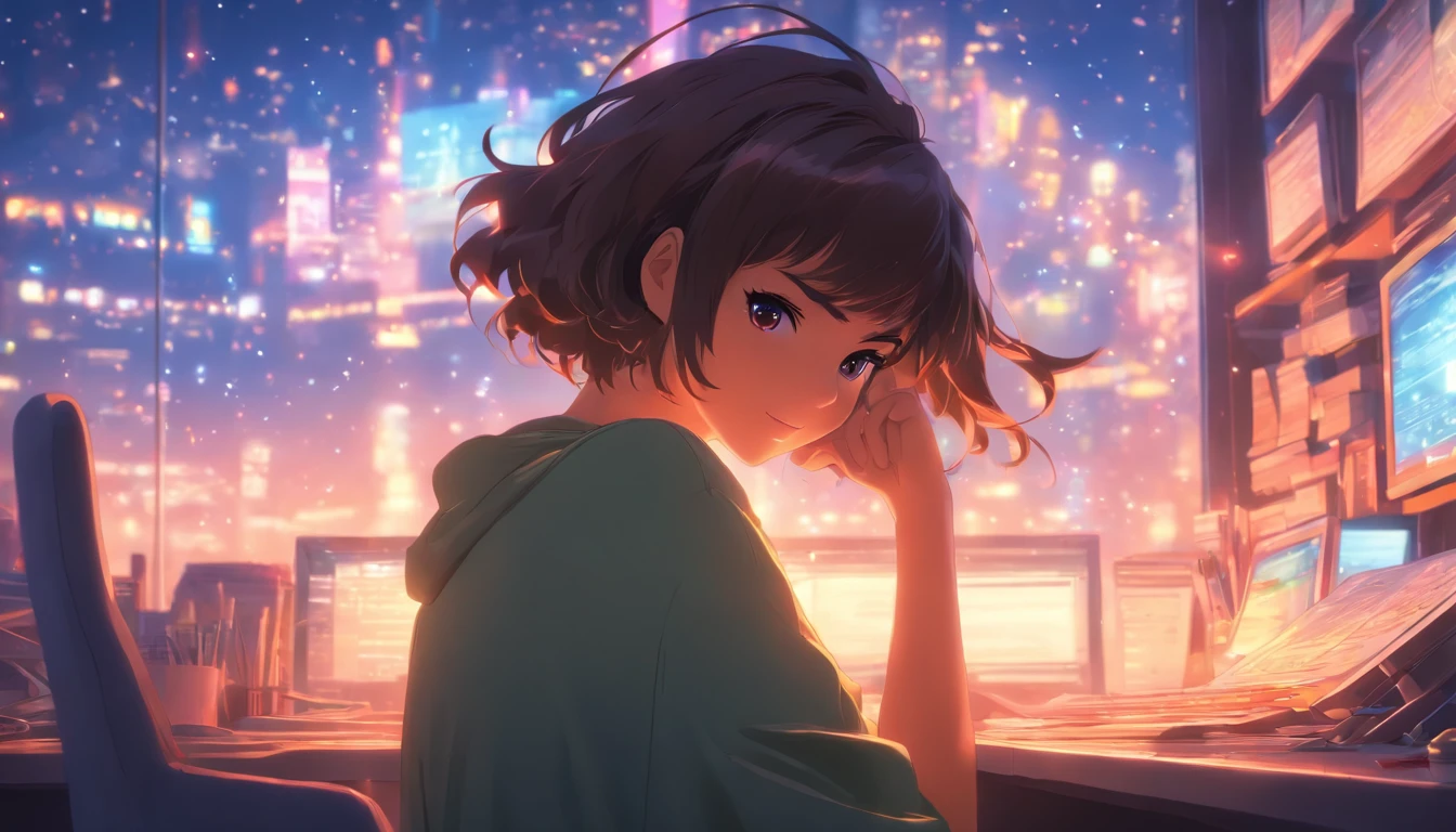 there is a woman sitting at a desk with a computer, in style of makoto shinkai, 4k anime wallpaper, ( ( makoto shinkai ) ), makoto shinkai style, studio glibly makoto shinkai, makoto shinkai art style, makoto shinkai cyril rolando, makoto shinkai!, anime background art