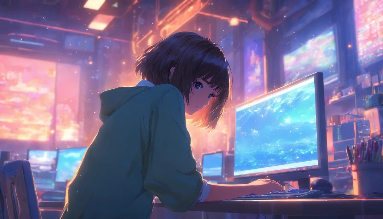 there is a woman sitting at a desk with a computer, in style of makoto shinkai, 4k anime wallpaper, ( ( makoto shinkai ) ), makoto shinkai style, studio glibly makoto shinkai, makoto shinkai art style, makoto shinkai cyril rolando, makoto shinkai!, anime background art