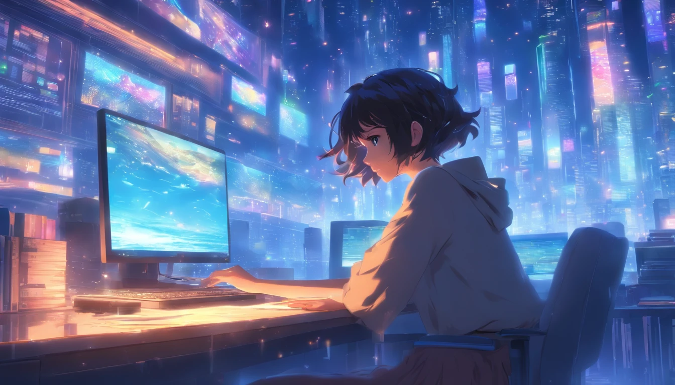 there is a woman sitting at a desk with a computer, in style of makoto shinkai, 4k anime wallpaper, ( ( makoto shinkai ) ), makoto shinkai style, studio glibly makoto shinkai, makoto shinkai art style, makoto shinkai cyril rolando, makoto shinkai!, anime background art