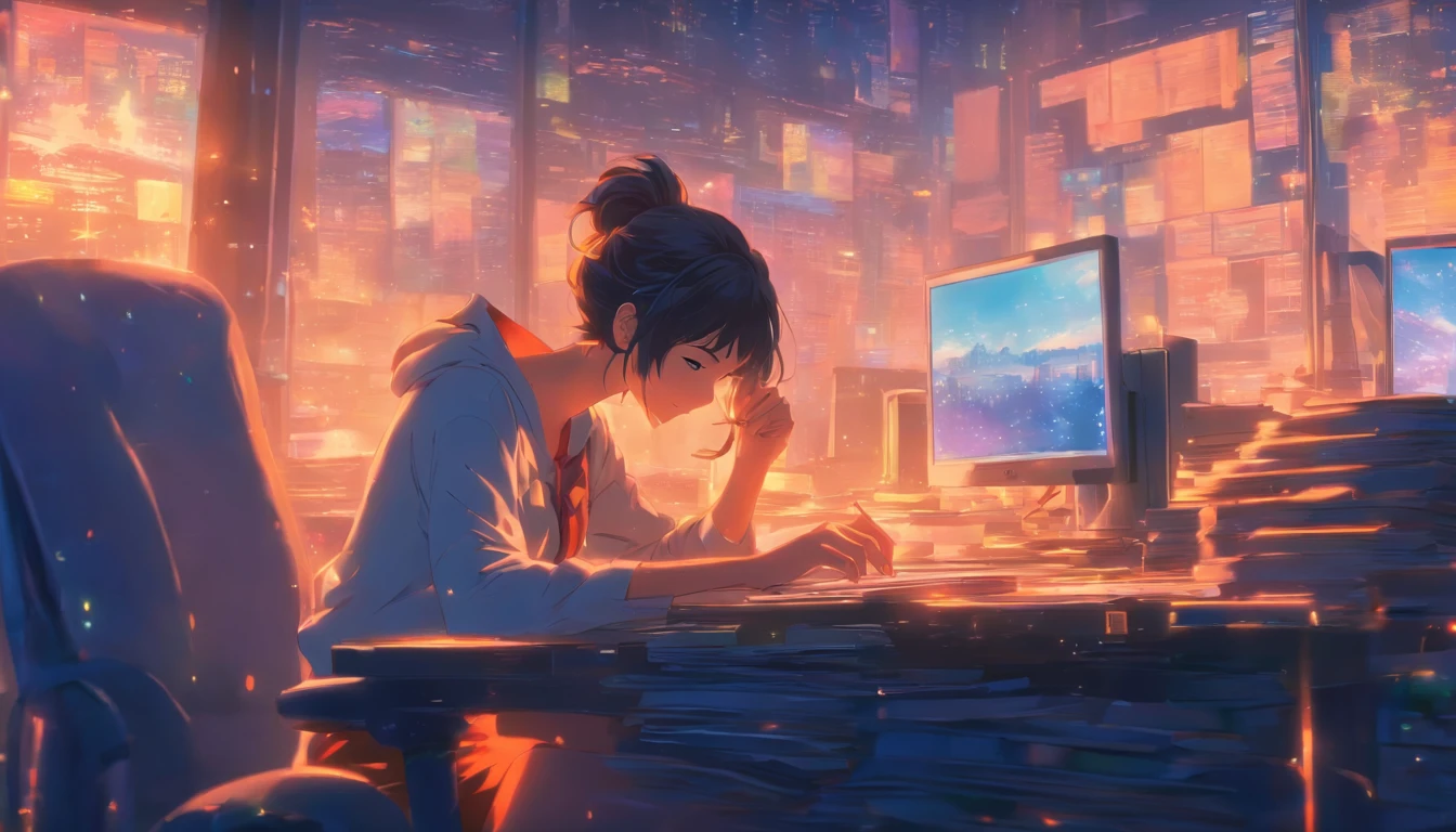 there is a woman sitting at a desk with a computer, in style of makoto shinkai, 4k anime wallpaper, ( ( makoto shinkai ) ), makoto shinkai style, studio glibly makoto shinkai, makoto shinkai art style, makoto shinkai cyril rolando, makoto shinkai!, anime background art