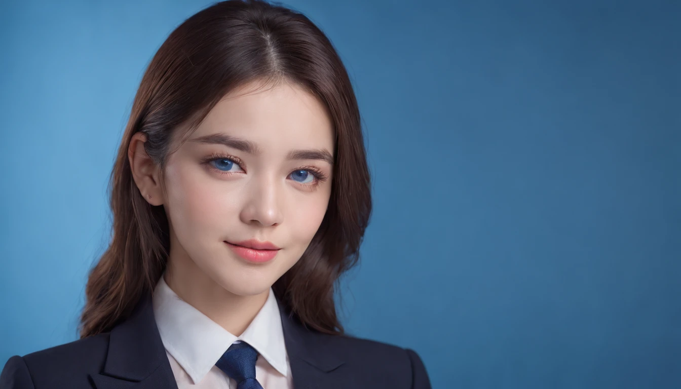 Best quality,masterpiece,ultra high res,(photorealistic:1.4),8K RAW photos, high resolution,, 1girl, solo，blue_IDphoto,
profile，girl centered in the photo,looking at viewer, wearing professional clothes, (((black suit))),((blue tie)),neat hair,smiling, Perfect face,pink lips, beautiful eyes in detail，bright  lighting, front lighting, face shooting，((blue solid color background))),((blue background)))