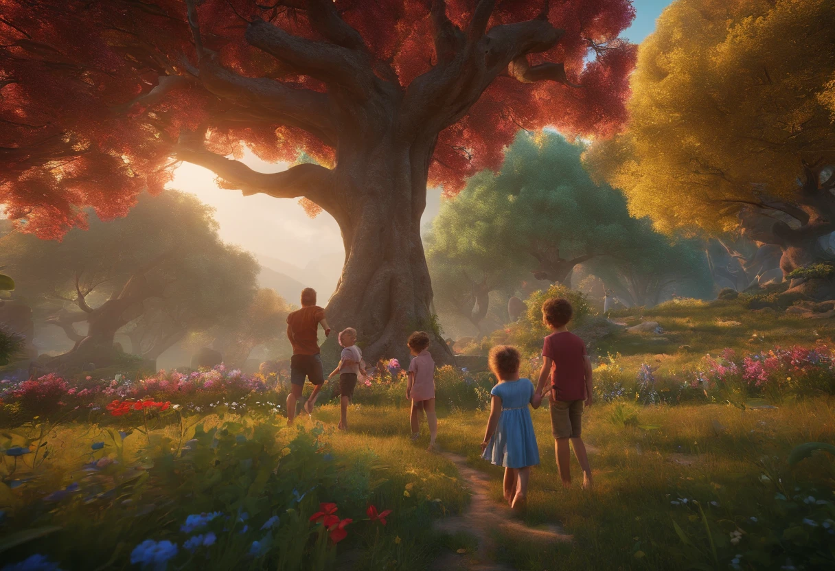 FAMILY ON VACATION, CHILDREN PLAYING AROUND, FAMILY, LOVE, FLOWERS, NATURE, TREES, 8K, detailed matte painting, deep color, fantastical, intricate detail, splash screen, complementary colors, fantasy concept art, 8k resolution trending on Artstation Unreal Engine 5", 8K, CAUCASIAN, BLUE EYES, Italy