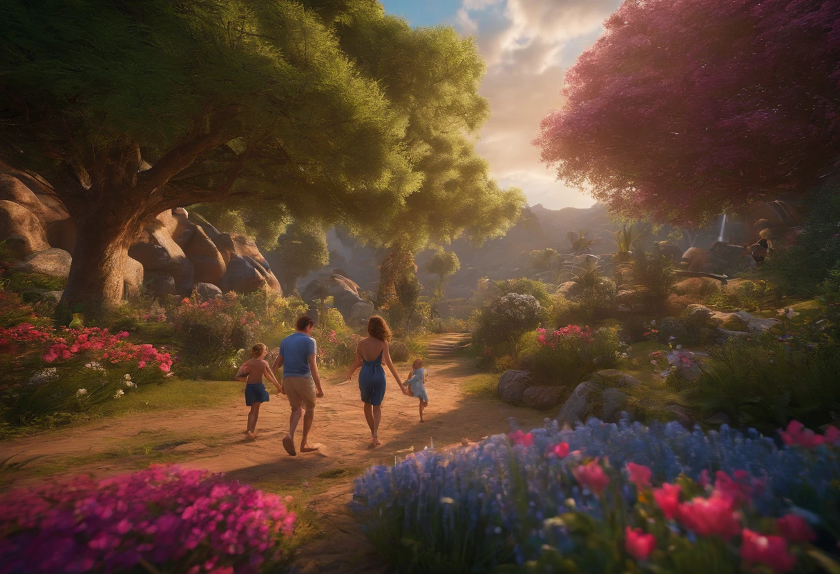 FAMILY ON VACATION, CHILDREN PLAYING AROUND, FAMILY, LOVE, FLOWERS, NATURE, TREES, 8K, detailed matte painting, deep color, fantastical, intricate detail, splash screen, complementary colors, fantasy concept art, 8k resolution trending on Artstation Unreal Engine 5", 8K, CAUCASIAN, BLUE EYES, Italy