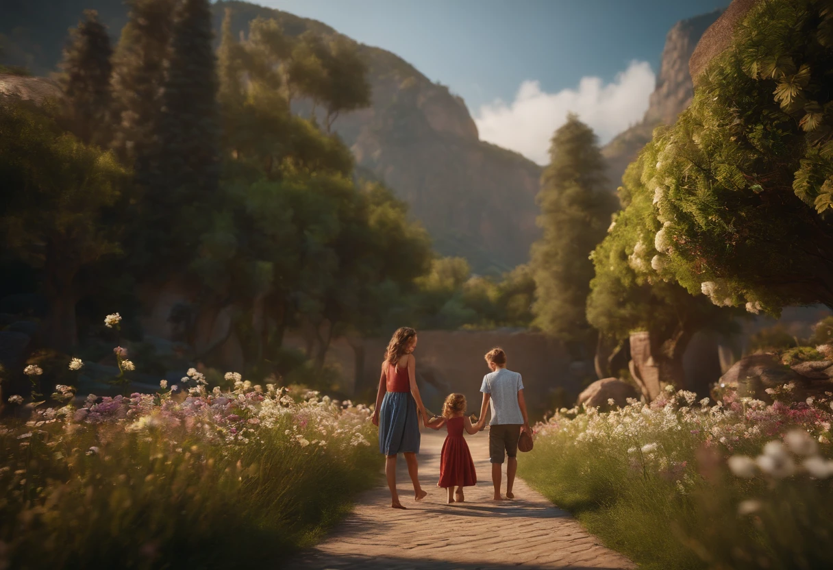 FAMILY ON VACATION, CHILDREN PLAYING AROUND, FAMILY, LOVE, FLOWERS, NATURE, TREES, 8K, detailed matte painting, deep color, fantastical, intricate detail, splash screen, complementary colors, fantasy concept art, 8k resolution trending on Artstation Unreal Engine 5", 8K, CAUCASIAN, BLUE EYES, Italy