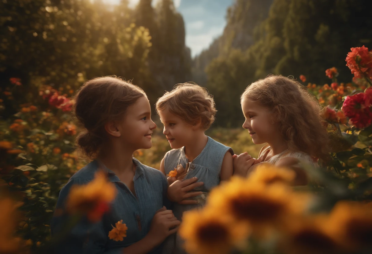 FAMILY ON VACATION, CHILDREN PLAYING AROUND, FAMILY, LOVE, FLOWERS, NATURE, TREES, 8K, detailed matte painting, deep color, fantastical, intricate detail, splash screen, complementary colors, fantasy concept art, 8k resolution trending on Artstation Unreal Engine 5", 8K, CAUCASIAN, BLUE EYES, Italy