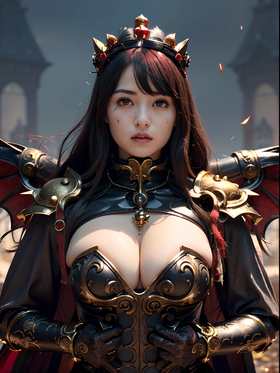 (Bleeding from the head), Professional , masterpiece、top-quality、photos realistic , depth of fields (Gemstone Black Metal Body:1.9),(Matte Black、Toostock、(cleavage of the breast)、((Random Hairstyles 1.6),Dark Fantasy,)explosions、intense fighting、Blood on the face,Blood Rain,Blood fog(blood splattere:1.2),Dragon Gold Weapon,Mystical expression、Particles of light、Fight dragons、(),Gorgeous Silver Weapons ,(( Dragon's dense and gorgeous sword)) ,,Detail and gorgeous crown、((Red hair))、(Castle background)、、((Gangle's forest background))、Beautiful Caucasian beauty、1a person、dynamic ungle,(((Detailed and ornate Black Devil Crown)))、Smaller head、A smile、Castle background、Thin and beautiful female hands、cleavage of the breast、Soldier in iron armor on background、Mystical expression、Light Effects、intense fighting、Wind-effect、magic circles、With the legendary magic wand、(demonic wings)、