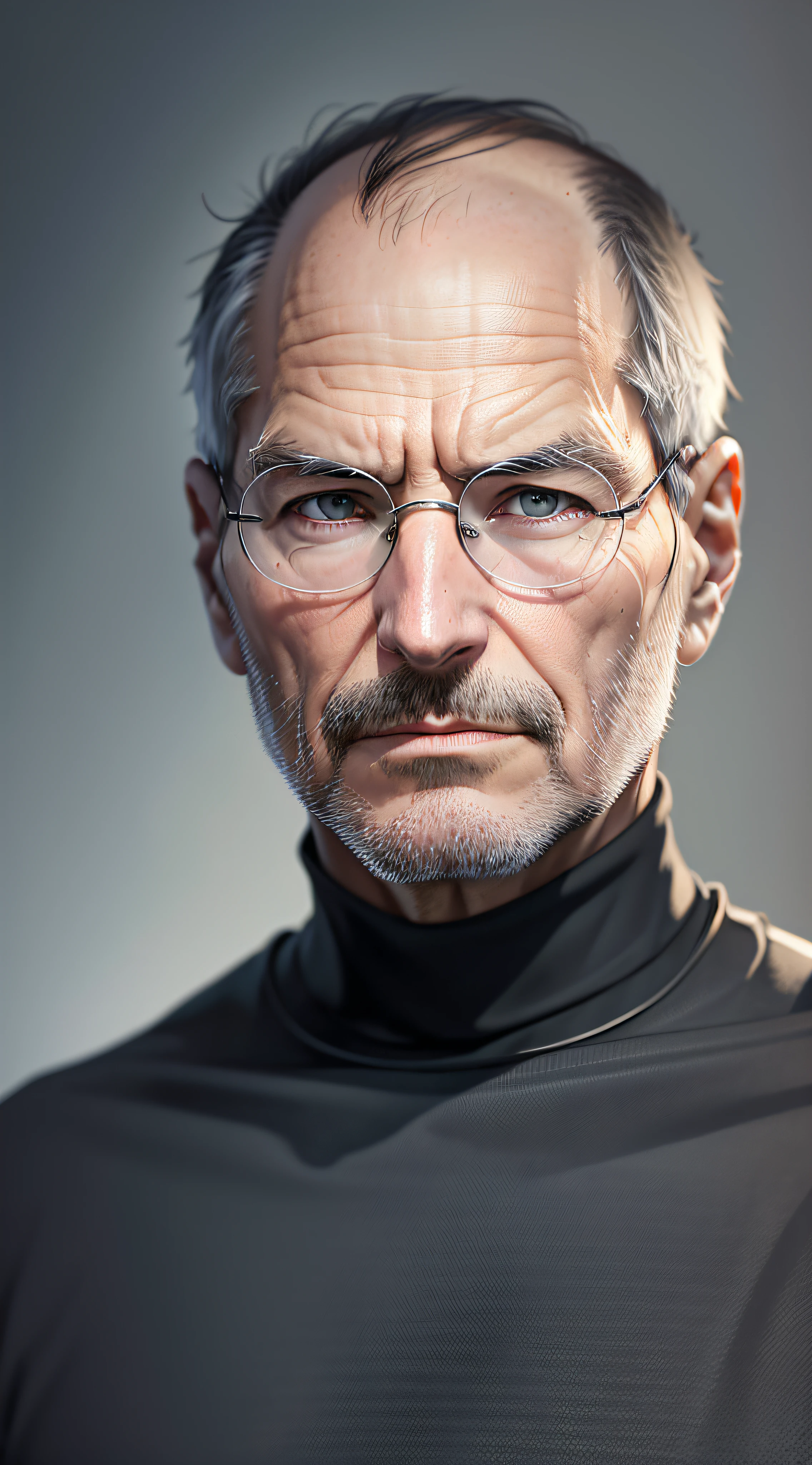 Old male, 1man, very Steve Jobs, frowning,4k, high-res, masterpiece, best quality, sharp focus (cinematic lighting), very confident, generous, no hair, black turtleneck sweater, framed glasses, facing front, portrait --auto --s2
