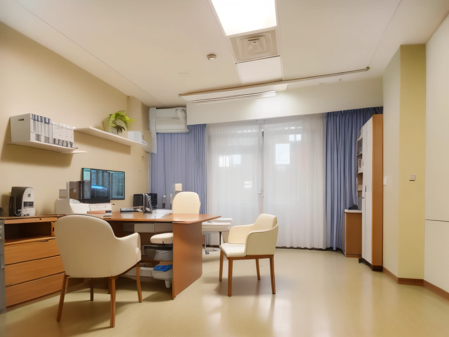 Small Room with wooden floors, White walls, and wooden furniture. The room is used as a doctor's office, And equipped with various medical equipment for diagnosis and treatment. The room was well lit,Natural light streams in through the windows. Furniture includes a table, comfortable chair, and bookshelves of medical books and equipment. Clean and professional atmosphere, Provide a comfortable environment for patients. The doctor's office is well organized, Documents and paperwork are neatly arranged on the table. Medical equipment includes stethoscopes, sphygmomanometer, Checkstand, and a computer with a digital health record system. The design of the room is both functional and aesthetically pleasing, Features a soothing color palette and a calming vibe.