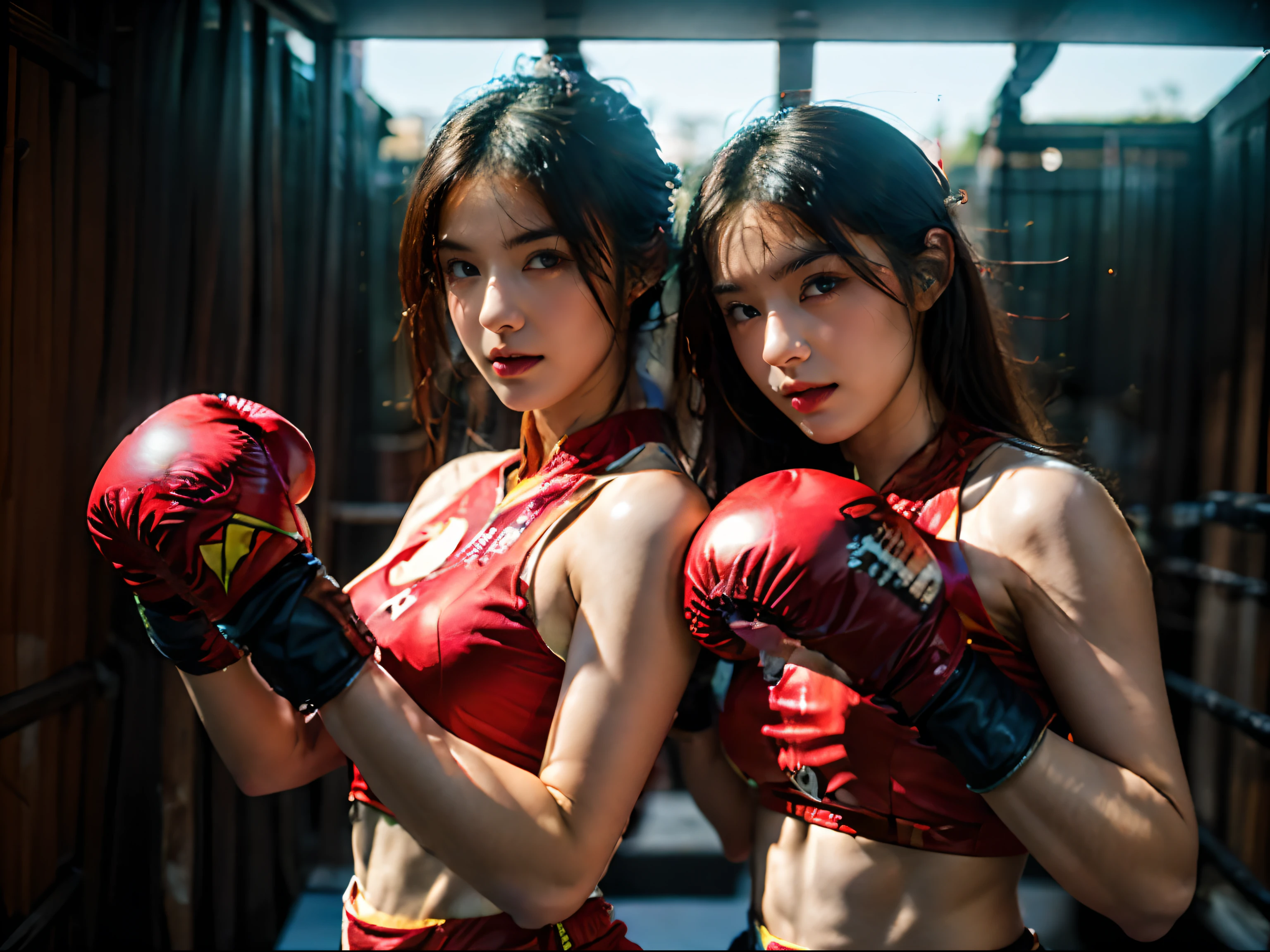 best quality, masterpiece, 2girl, Beautiful face, photorealistic, 8k, UHD, long hair, arm tattoos, tattooed, toned abs, sweat, Asian, female, muscular biceps, muscular, dark skin, cleavage, boxing, boxing ring, boxing gym, (high detailed skin:1.2), high quality, candid, Photograph, high resolution, 4k, sports bra, loose shorts, red boxing gloves,