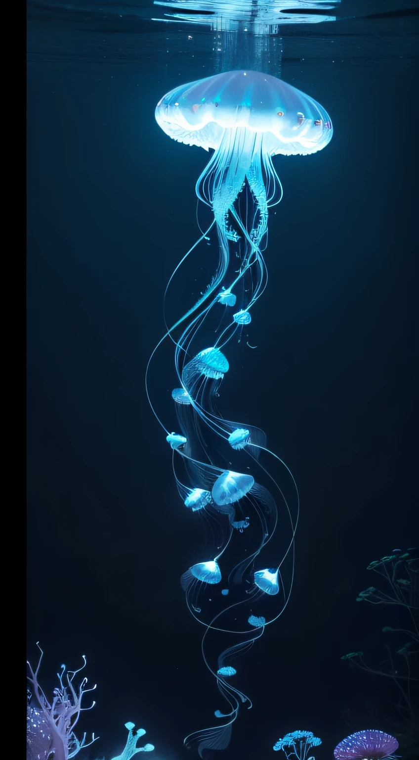 a jellyfish floating in the dark water, jellyfish phoenix, jelly fishes, jellyfish pheonix, jelly fish, phoenix jellyfish, jelly fish dancing, jellyfish phoenix head, jellyfishes, deep sea picture, jelly - like texture. photograph, two magnificent jelly fish, jellyfish, jelly glow, jelly, jellymeat, jellyfish gelatin, marine animal, long flowing hair underwater