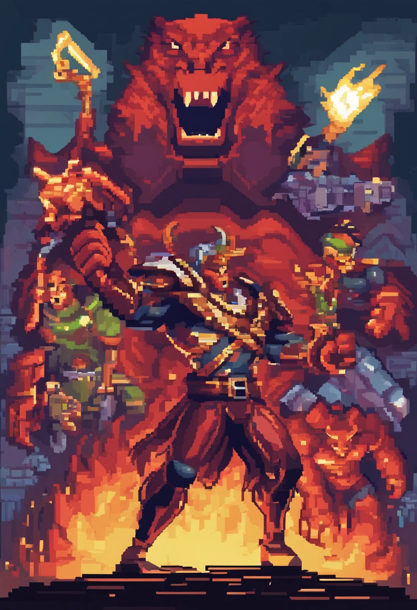 BOSS FIGHT,pixal style,RPG style,Marvel heroes against the Great Devil