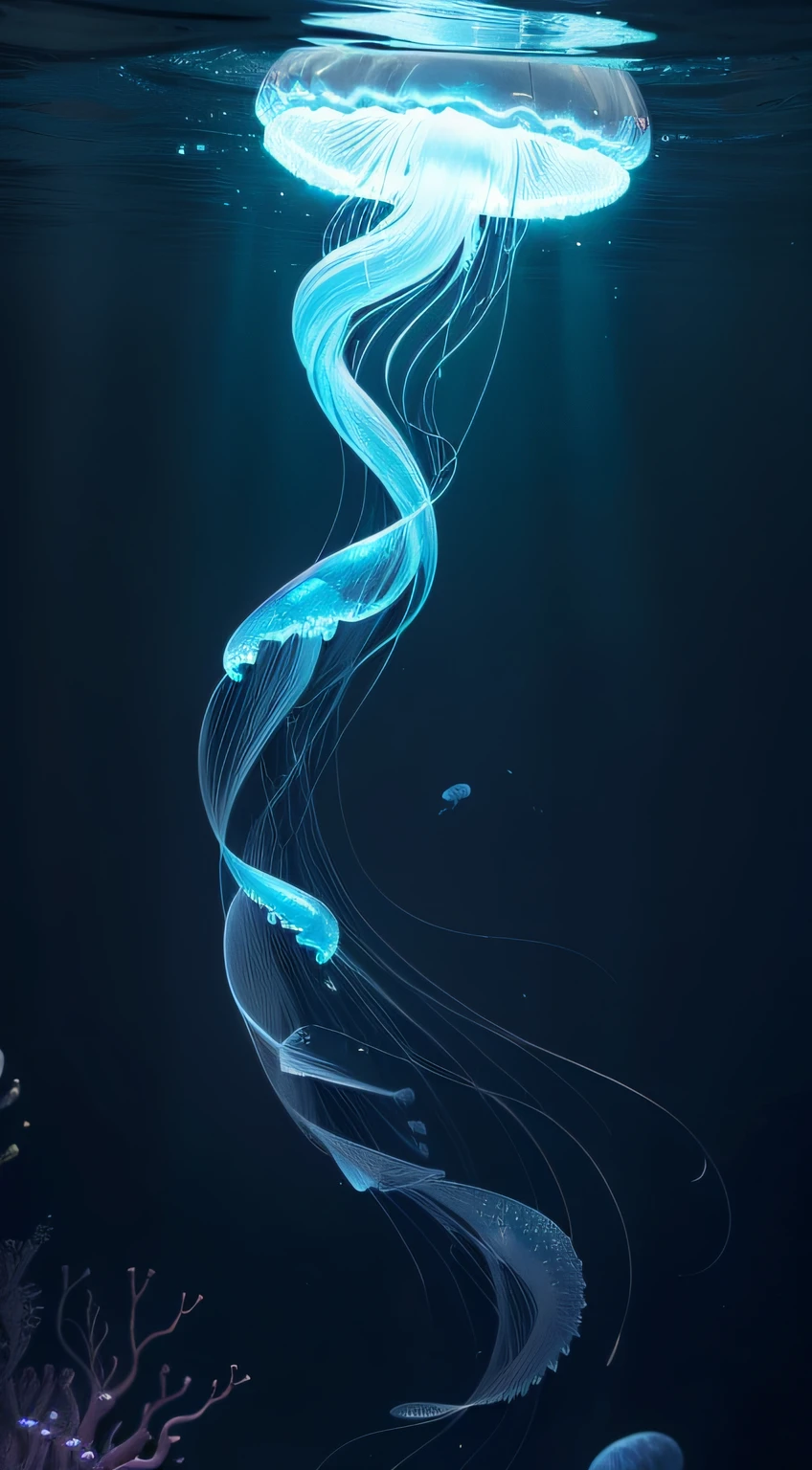 a jellyfish floating in the dark water, jellyfish phoenix, jelly fishes, jellyfish pheonix, jelly fish, phoenix jellyfish, jelly fish dancing, jellyfish phoenix head, jellyfishes, deep sea picture, jelly - like texture. photograph, two magnificent jelly fish, jellyfish, jelly glow, jelly, jellymeat, jellyfish gelatin, marine animal, long flowing hair underwater