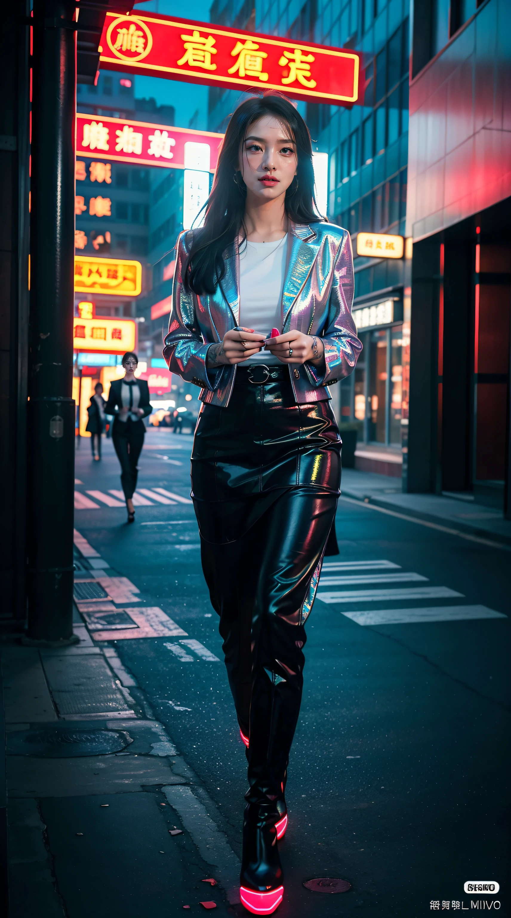 (best quality,4k,8k,highres,masterpiece:1.2),ultra-detailed,(realistic,photorealistic,photo-realistic:1.37),1girl,(fashionable,stylish),(business attire,corporate outfit),outdoors,(cyberpunk:1.1),Chinese-inspired,cityscape,neon lights,glowing signs,technology-driven buildings,unique fashion accessories,long flowing hair,high heeled boots,confident pose,intricate makeup,holographic accessories,glowing tattoos,electric blue and vibrant pink color scheme,dynamic perspective,impressive urban background,impressive lighting,reflective surfaces,sci-fi elements,subtle and elegant traditional Chinese elements,blend of modern and traditional influences,attention-grabbing fashion statement,professional,relevant and trendy style.