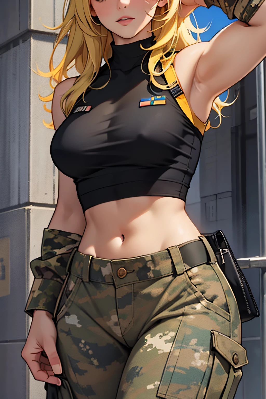 1 beautiful woman, Medium breasts,Medium blonde hair,Wearing a black top,Camouflage military pants,Perfectcomposition, Perfect anatomy, Masterpiece, Extremely detailed, Vibrant colors,