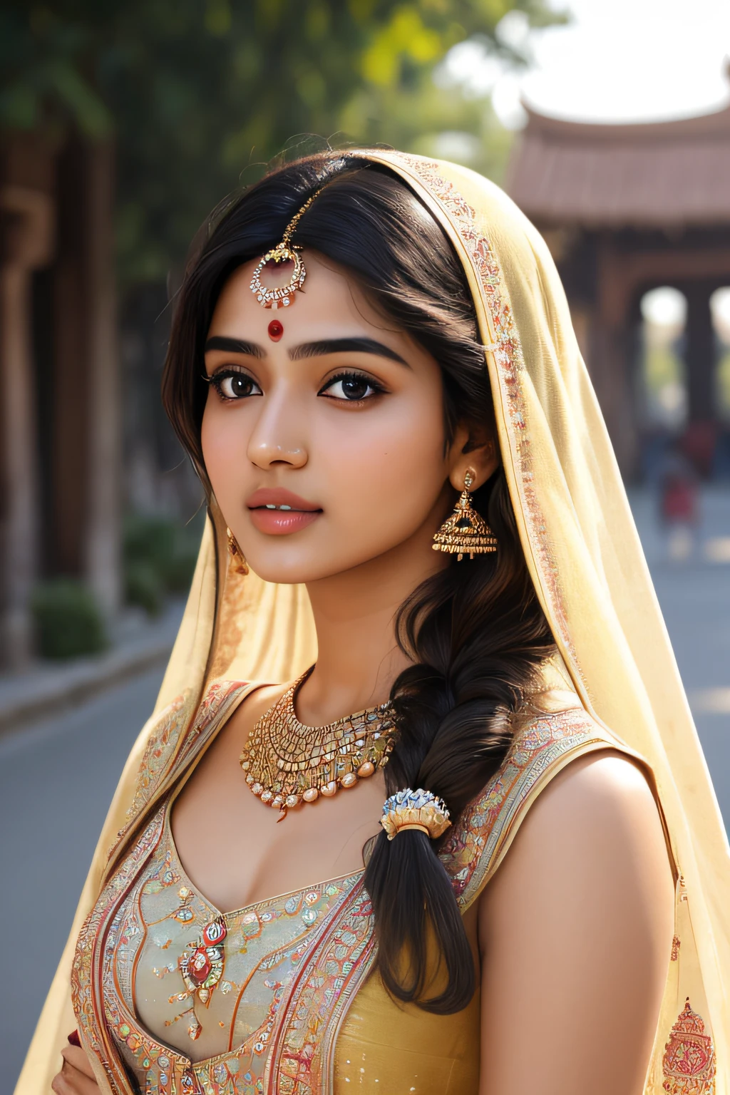 young Indian girl, 18-year-old,(((desi girl))), chubby face, natural skin, wearing hot deep neck top and dupatta, charming black hair, ((hair ends are blonde)), city streets background, bokeh  gentle sun lighting on face , firm boobs, big breast, thick ass, big ass, full body photo, village mood , thousand pillar temple, clear blue sky, ducks, pond, birds, girl holding deepam , village girl vibe, intricate facial details, full body picture,pose flawless complexion, top-notch 3D rendering, hyper-realistic, shot on Indian road. photorealistic digital art trending on Artstation 8k HD high definition detailed realistic, detailed, skin texture, hyper detailed, realistic skin high resolution, detailed, raw photo, 400 camera f1.6 lens rich colors hyper realistic lifelike texture